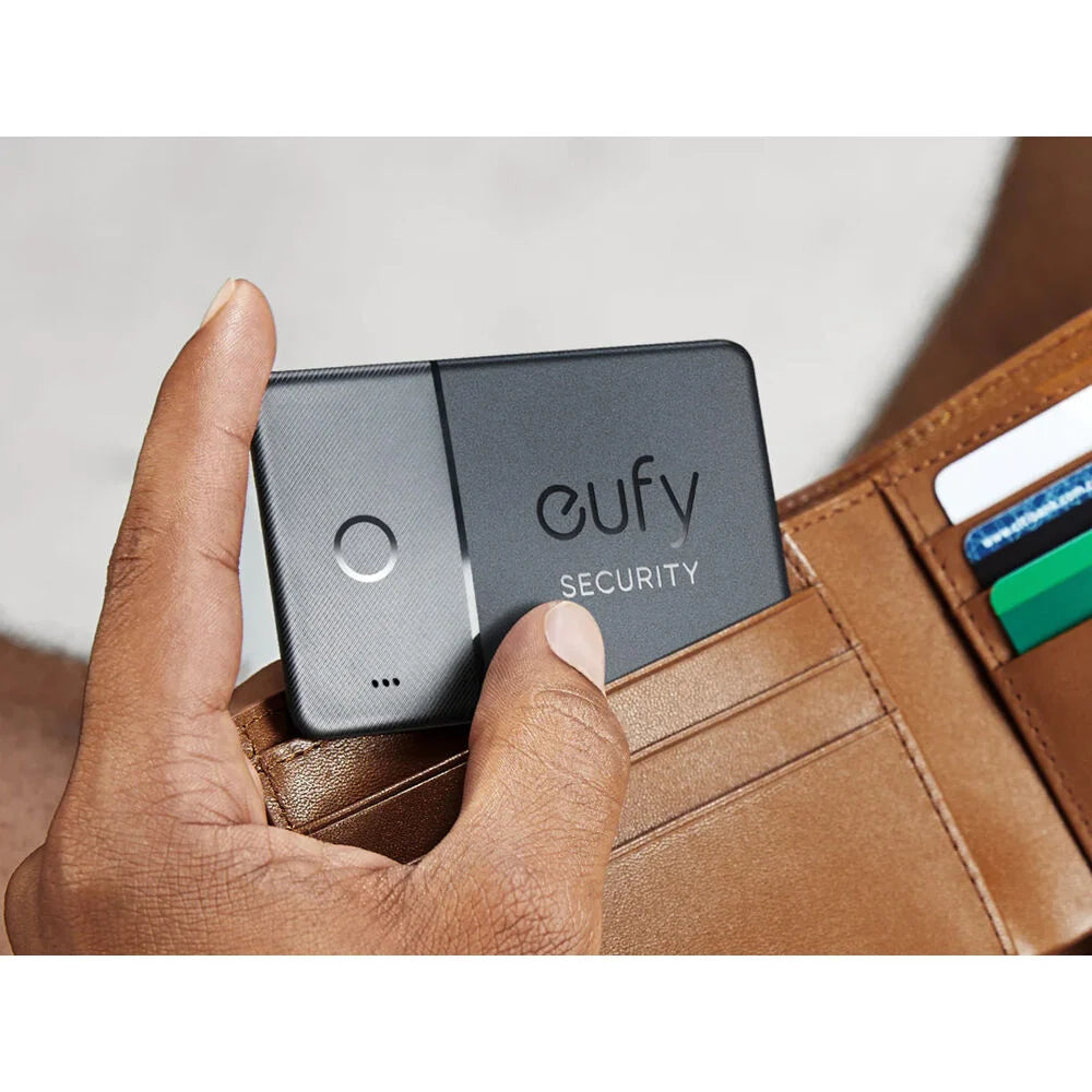 The Eufy Security SmartTrack Card is a slim, black, water-resistant Bluetooth tracker with an ultra-loud alarm that can be used to locate items via Apple's Find My app.