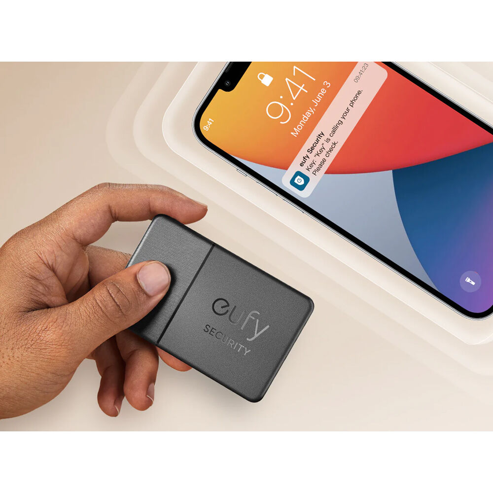 The Eufy Security SmartTrack Card is a slim, black, water-resistant Bluetooth tracker with an ultra-loud alarm that can be used to locate items via Apple's Find My app.