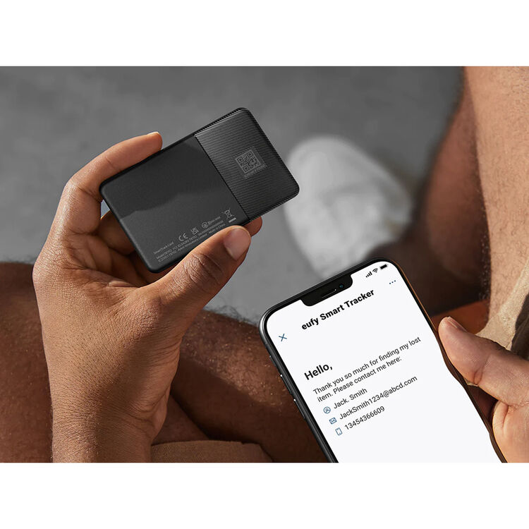The Eufy Security SmartTrack Card is a slim, black, water-resistant Bluetooth tracker with an ultra-loud alarm that can be used to locate items via Apple's Find My app.