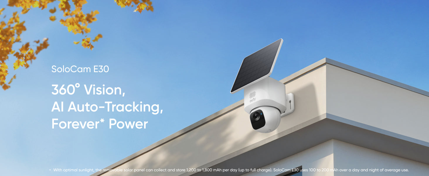 SoloCam E30 security camera on a roof with text highlighting features.