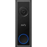 Eufy Security Video Doorbell C30 — sleek vertical black rectangle with camera lens at top and illuminated circular doorbell button below.
