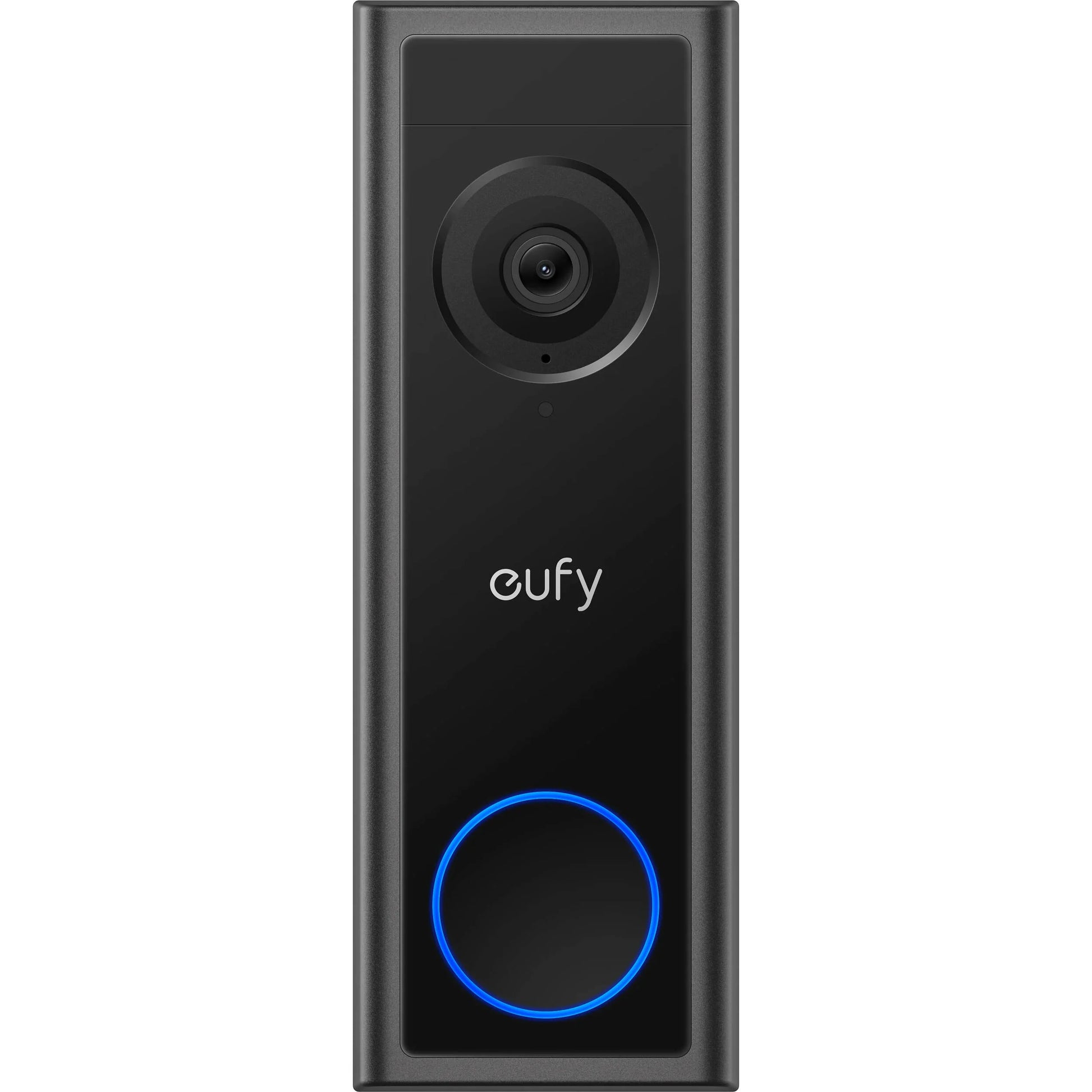 Eufy Security Video Doorbell C30 — sleek vertical black rectangle with camera lens at top and illuminated circular doorbell button below.