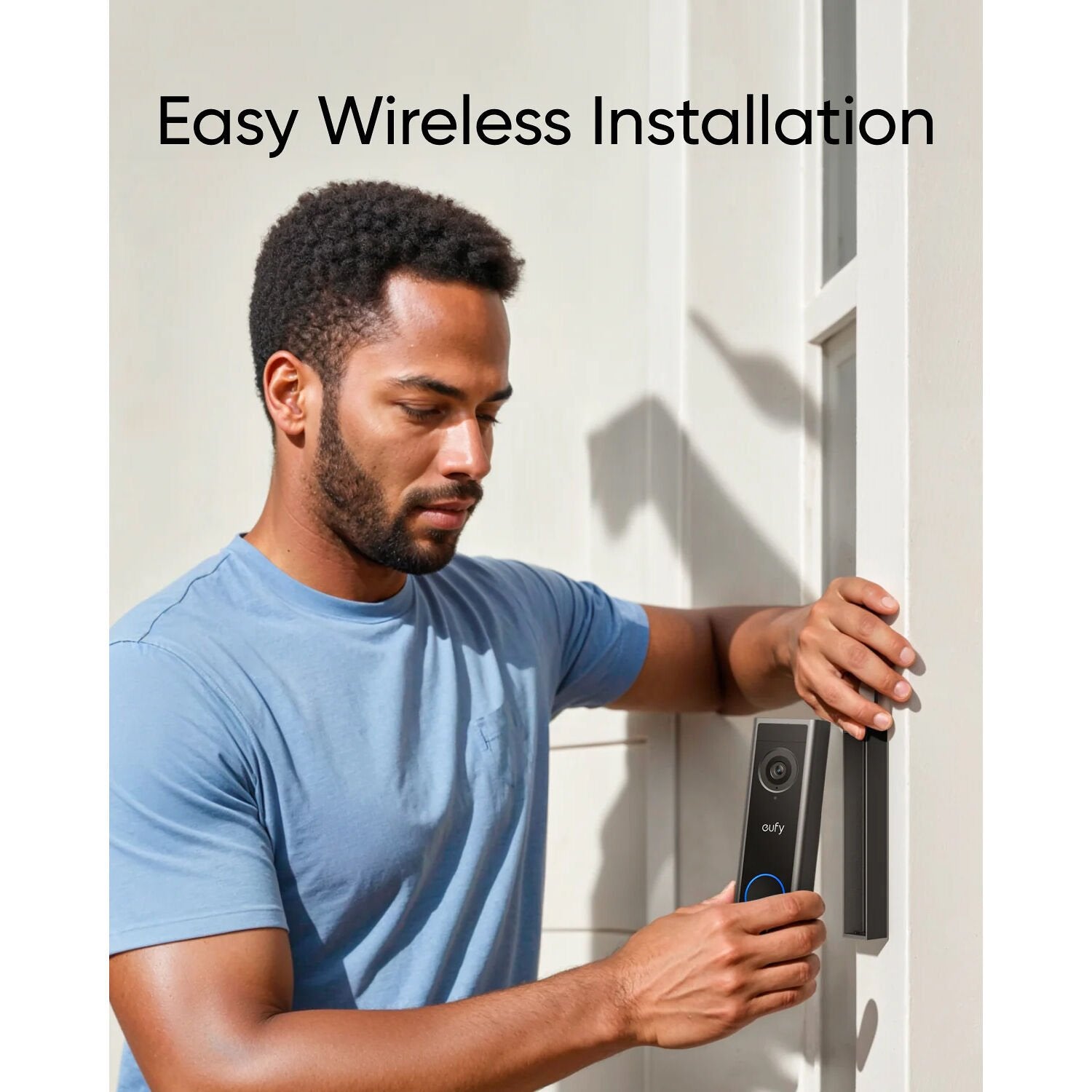 Eufy Security Video Doorbell C30 — sleek vertical black rectangle with camera lens at top and illuminated circular doorbell button below.