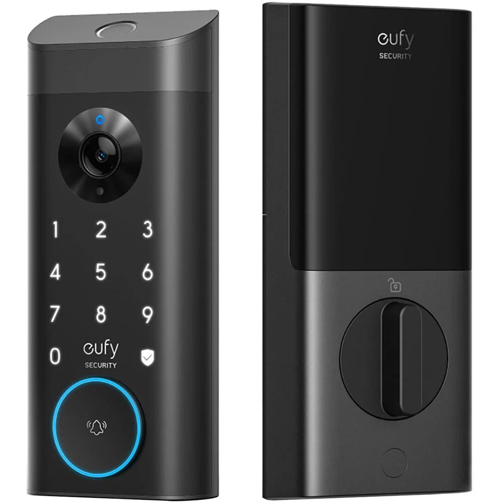 Eufy Video Smart Lock E330 with fast fingerprint recognition, 2K HD camera with f/1.6 lens, video doorbell, Wi-Fi connectivity, and rechargeable 10,000mAh battery.