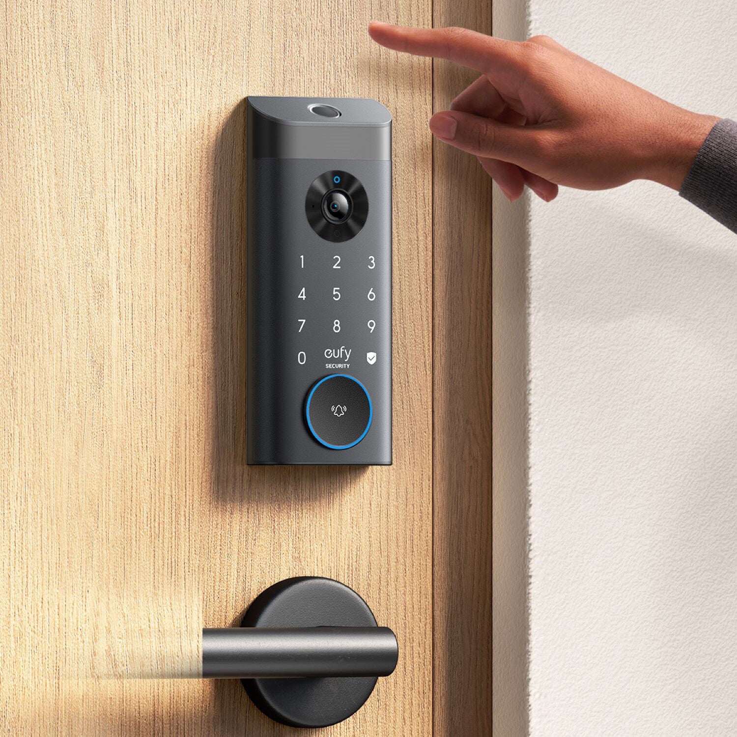 Eufy Video Smart Lock E330 with fast fingerprint recognition, 2K HD camera with f/1.6 lens, video doorbell, Wi-Fi connectivity, and rechargeable 10,000mAh battery.
