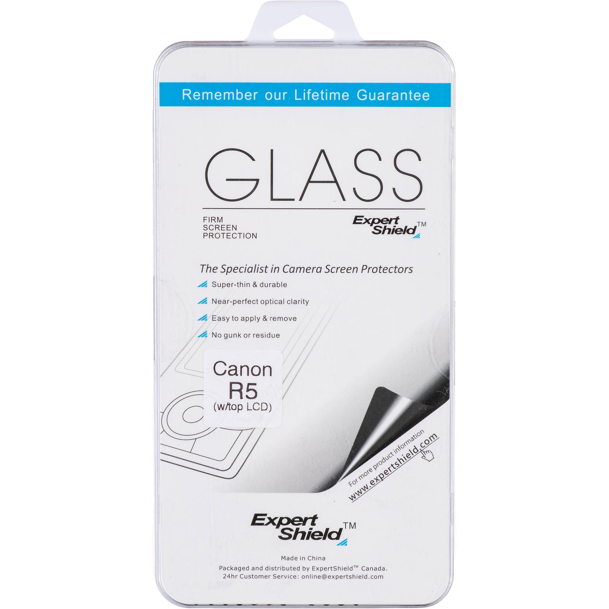 Expert Shield screen protector packaging for Canon R5 camera on a white background