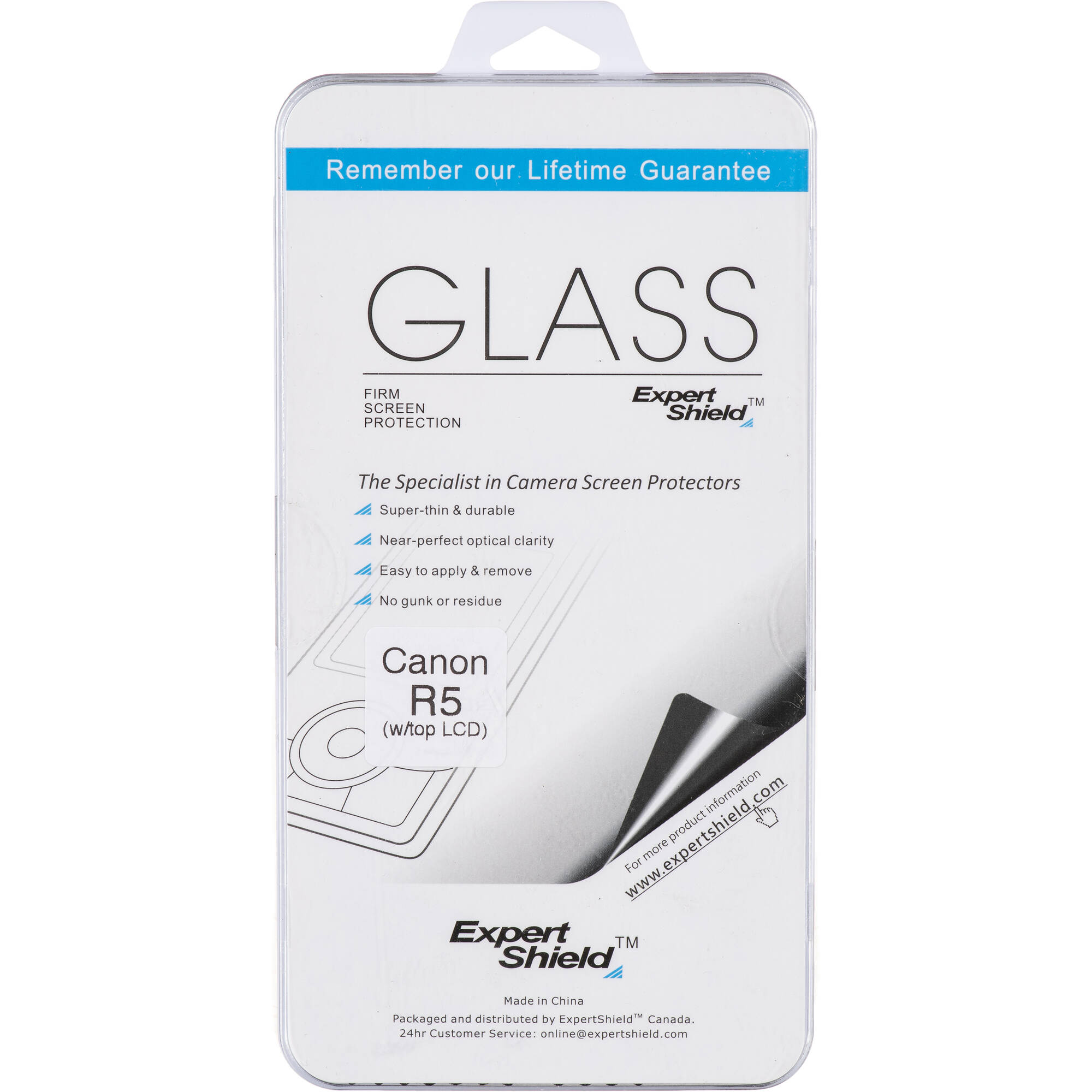 Expert Shield screen protector packaging for Canon R5 camera on a white background