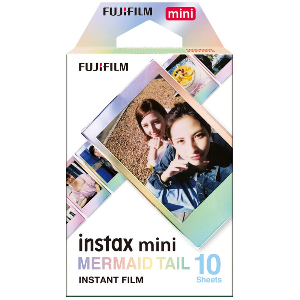 Fujifilm Instax Mini Instant Film Mermaid Tail – 10-pack of instant film featuring shimmering mermaid tail-inspired borders, compatible with Instax Mini cameras and printers.