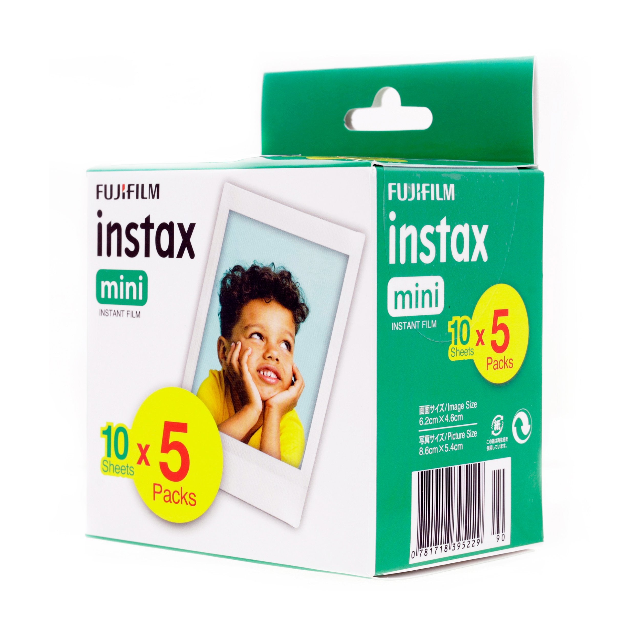 Fujifilm Instax instant film packaging with a child's photo on a white background