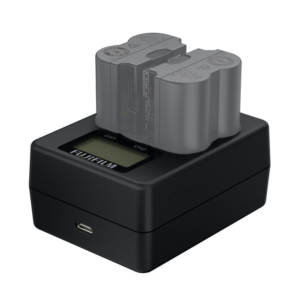 Fujifilm BC-W235 Dual Battery Charger – charge two NP-W235 batteries simultaneously for your X-T4, X-T5, or GFX100S, keeping you powered for longer shoots.