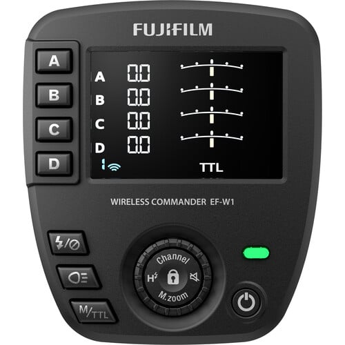 Fujifilm Wireless Commander EF-W1 device with digital display and control buttons on a white background