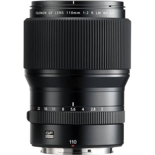 Fujifilm GF 110mm f/2 R LM WR lens. Medium-format prime with f/2 aperture, fast AF, weather-resistant build, and stunning sharpness for portraits.