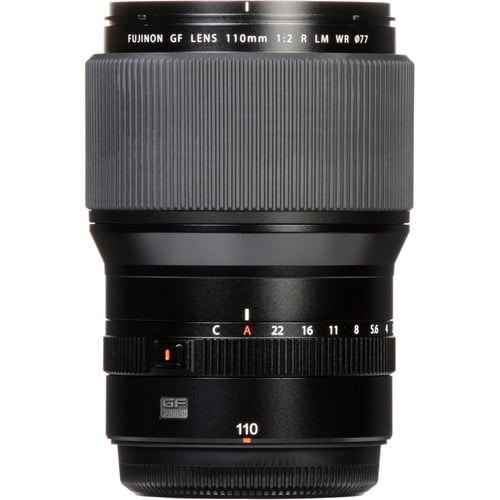 Fujifilm GF 110mm f/2 R LM WR lens. Medium-format prime with f/2 aperture, fast AF, weather-resistant build, and stunning sharpness for portraits.