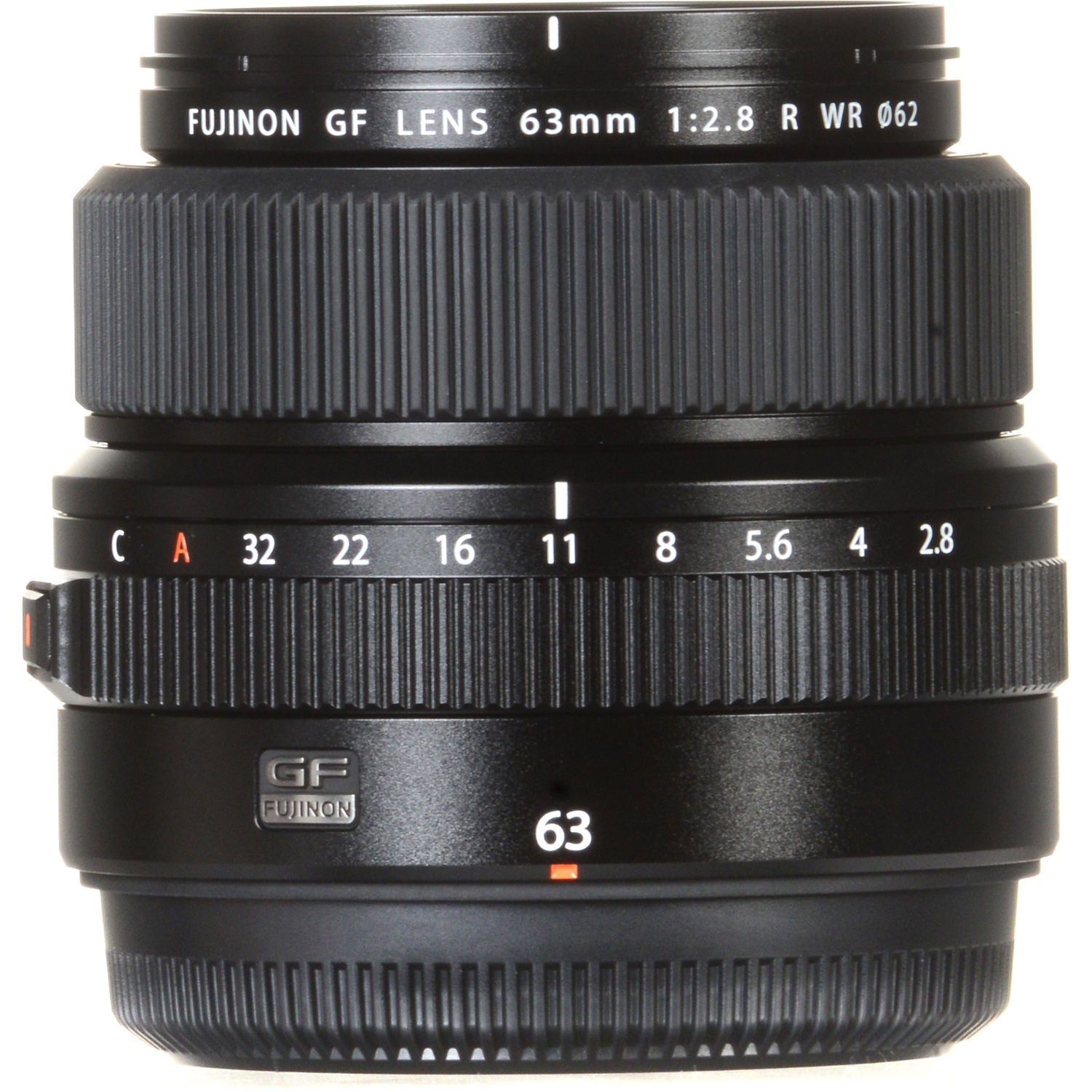 Fujinon GF 63mm f/2.8 R WR medium format lens for FUJIFILM GFX cameras, compact and lightweight with weather-resistant construction.