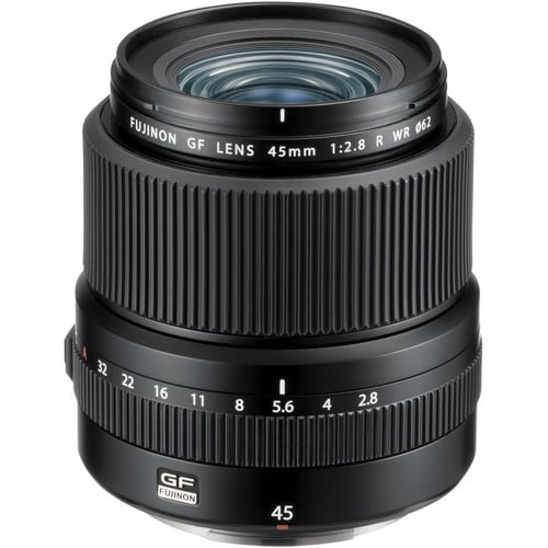 Fujifilm GF 45mm f/2.8 R WR lens. Medium-format prime with f/2.8, sharp optics, weather-resistant build, and versatile everyday performance.