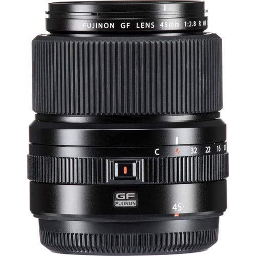 Fujifilm GF 45mm f/2.8 R WR lens. Medium-format prime with f/2.8, sharp optics, weather-resistant build, and versatile everyday performance.