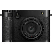Black Fujifilm GFX 100RF digital camera featuring a compact medium format 102MP sensor, fixed 35mm f/4 lens with leaf shutter and built-in 4-stop ND filter, 3.2-inch tilting touchscreen, AI autofocus with subject detection, 4K video recording, and weather-sealed aluminum body.