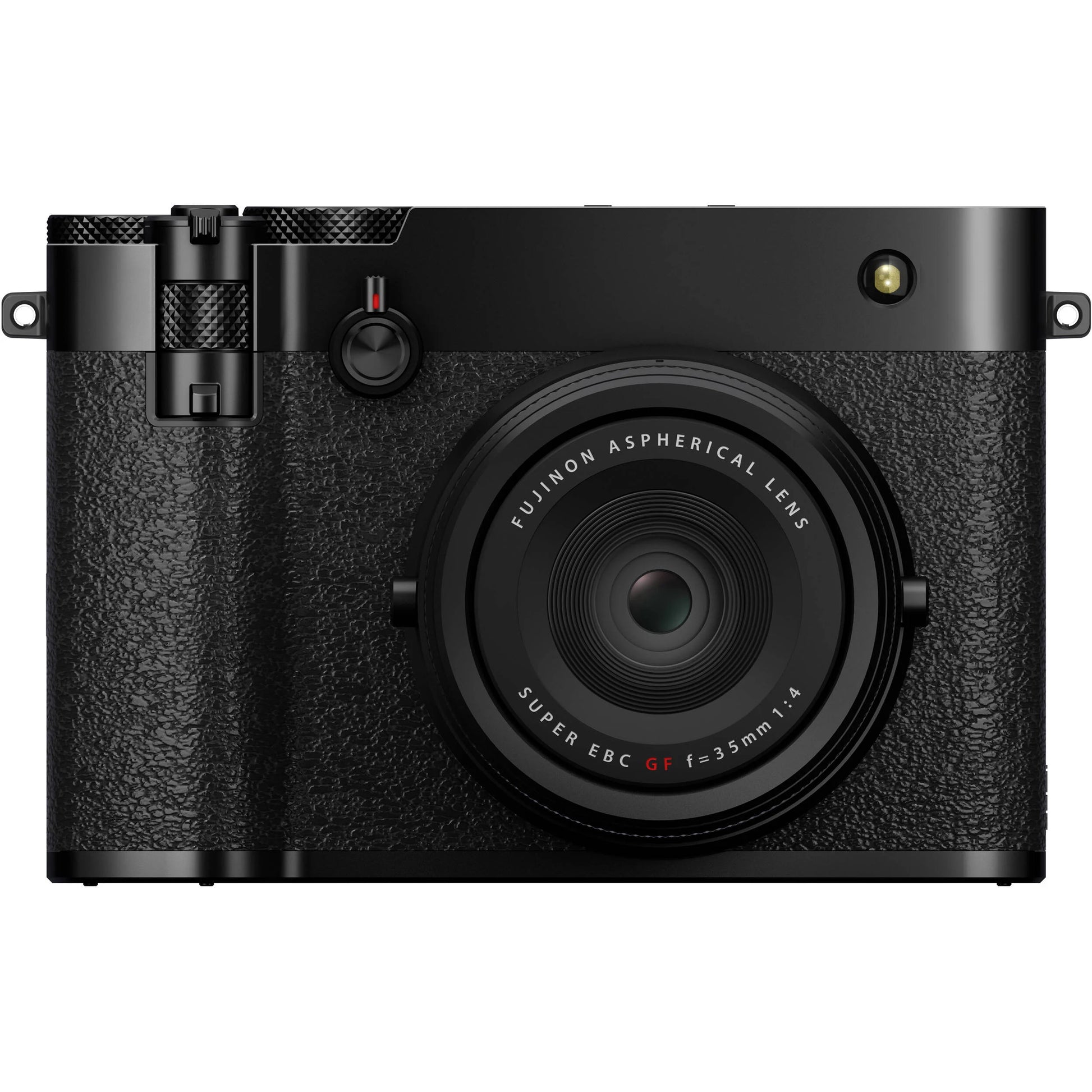 Black Fujifilm GFX 100RF digital camera featuring a compact medium format 102MP sensor, fixed 35mm f/4 lens with leaf shutter and built-in 4-stop ND filter, 3.2-inch tilting touchscreen, AI autofocus with subject detection, 4K video recording, and weather-sealed aluminum body.