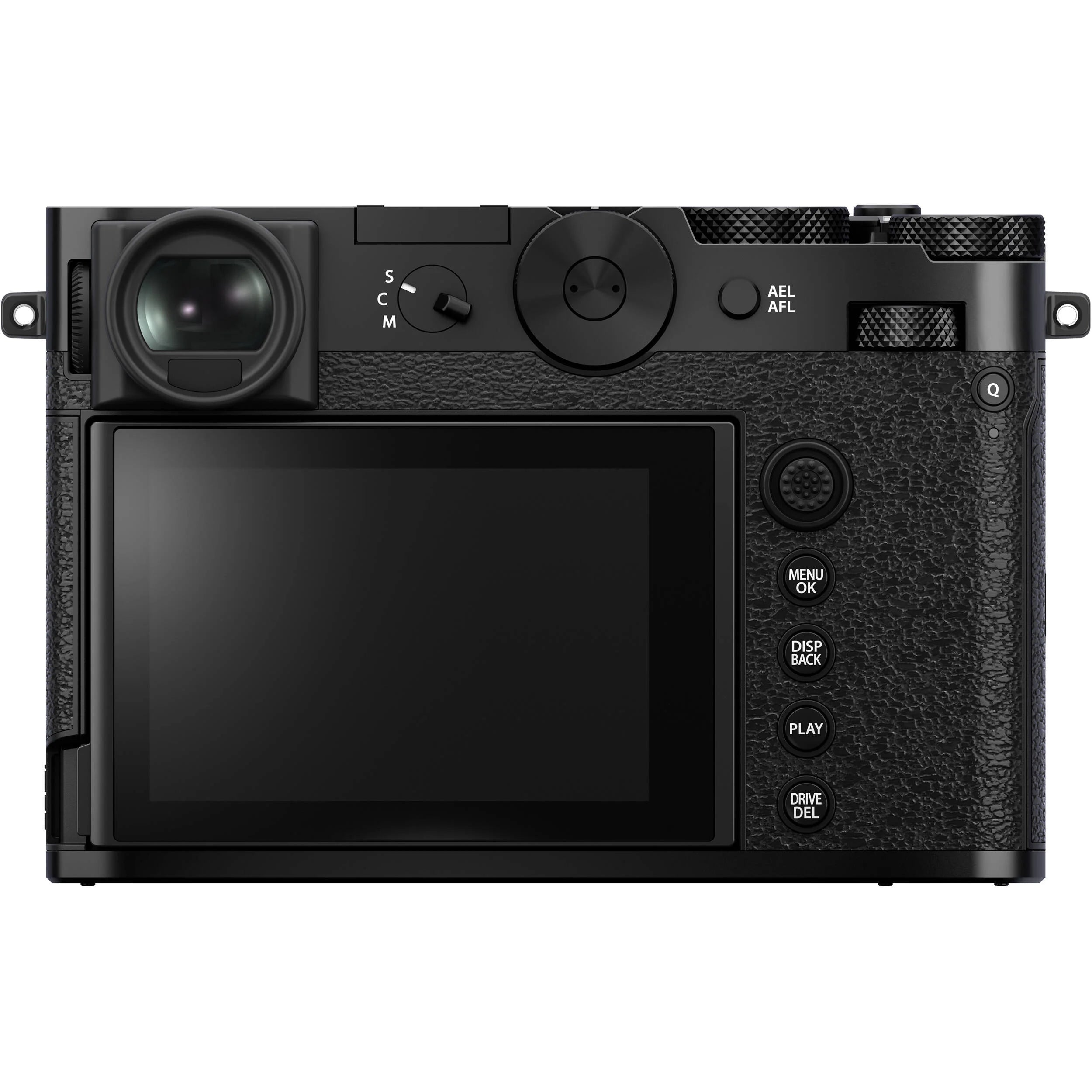 Black Fujifilm GFX 100RF digital camera featuring a compact medium format 102MP sensor, fixed 35mm f/4 lens with leaf shutter and built-in 4-stop ND filter, 3.2-inch tilting touchscreen, AI autofocus with subject detection, 4K video recording, and weather-sealed aluminum body.