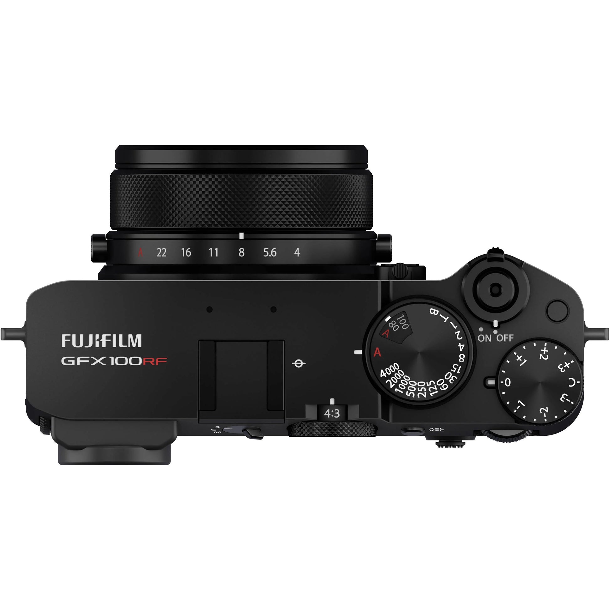 Black Fujifilm GFX 100RF digital camera featuring a compact medium format 102MP sensor, fixed 35mm f/4 lens with leaf shutter and built-in 4-stop ND filter, 3.2-inch tilting touchscreen, AI autofocus with subject detection, 4K video recording, and weather-sealed aluminum body.