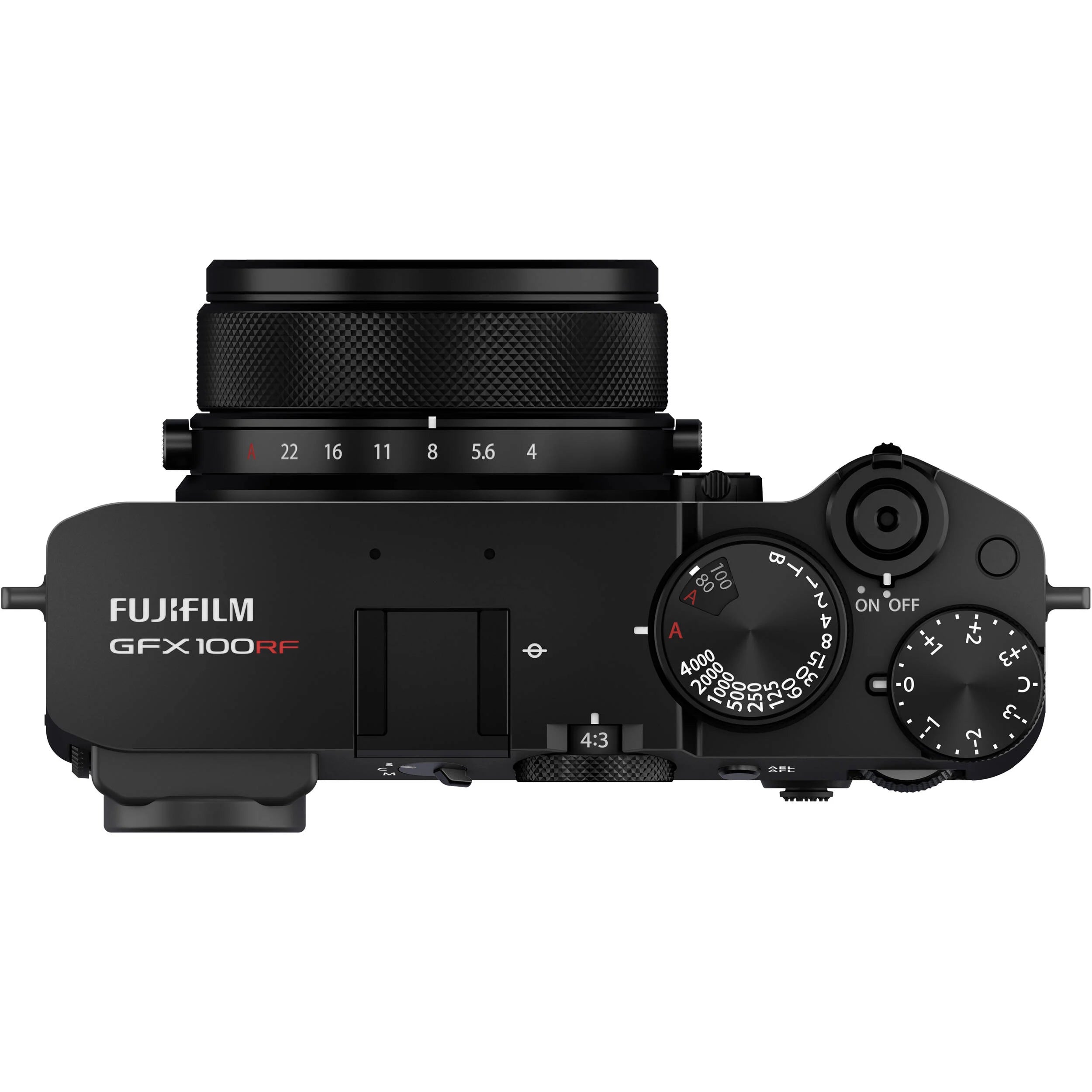 Black Fujifilm GFX 100RF digital camera featuring a compact medium format 102MP sensor, fixed 35mm f/4 lens with leaf shutter and built-in 4-stop ND filter, 3.2-inch tilting touchscreen, AI autofocus with subject detection, 4K video recording, and weather-sealed aluminum body.