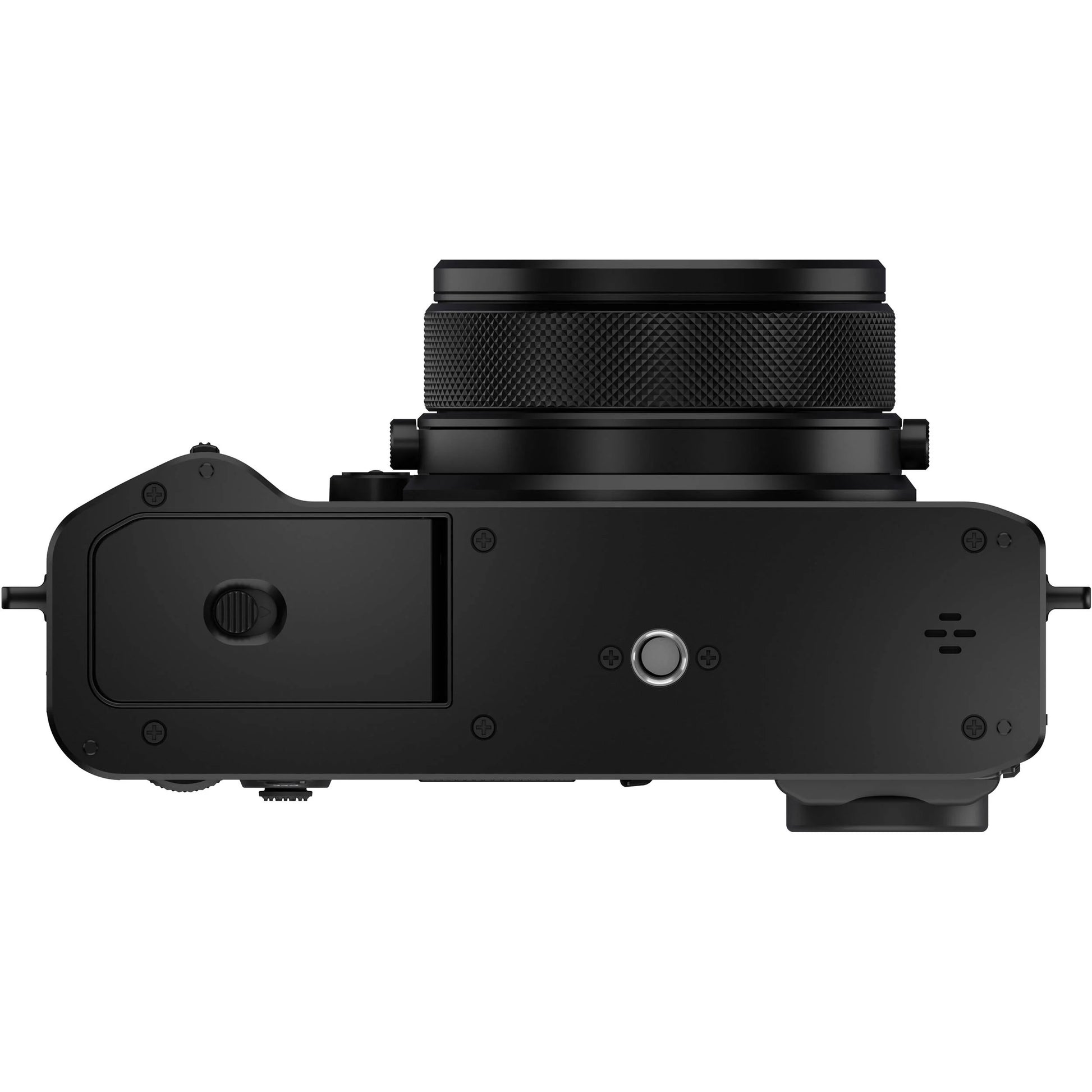 Black Fujifilm GFX 100RF digital camera featuring a compact medium format 102MP sensor, fixed 35mm f/4 lens with leaf shutter and built-in 4-stop ND filter, 3.2-inch tilting touchscreen, AI autofocus with subject detection, 4K video recording, and weather-sealed aluminum body.
