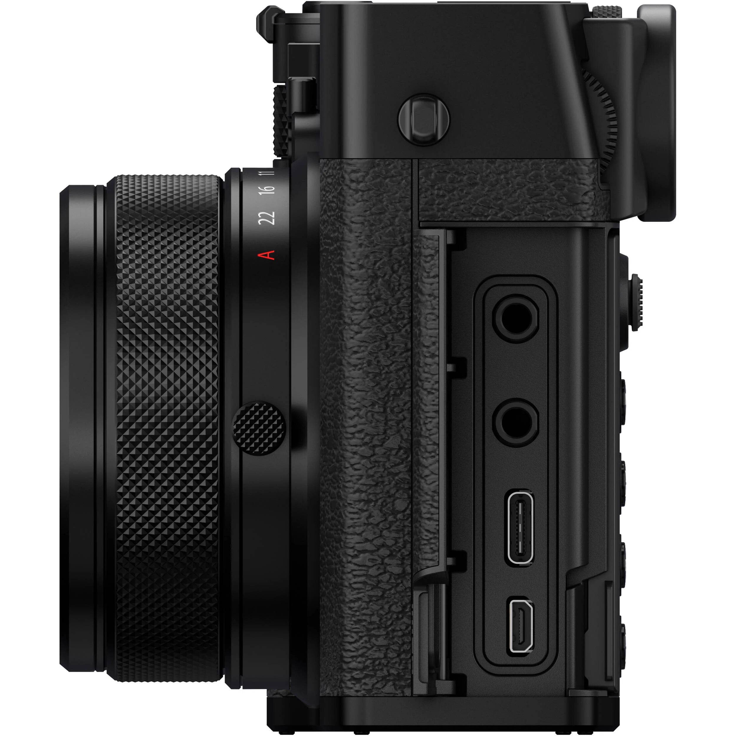 Black Fujifilm GFX 100RF digital camera featuring a compact medium format 102MP sensor, fixed 35mm f/4 lens with leaf shutter and built-in 4-stop ND filter, 3.2-inch tilting touchscreen, AI autofocus with subject detection, 4K video recording, and weather-sealed aluminum body.