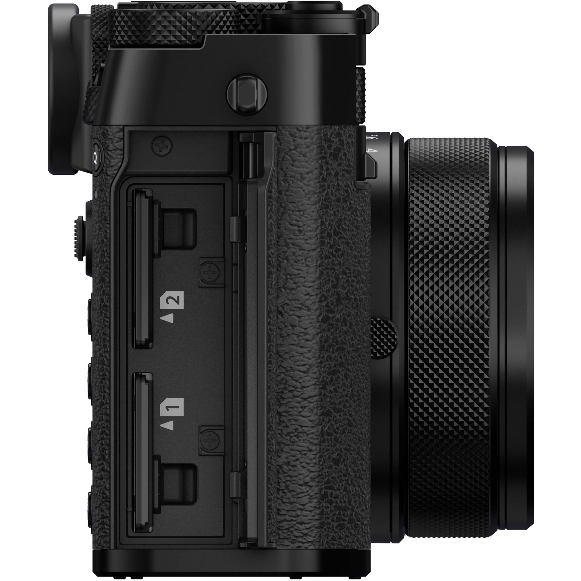 Black Fujifilm GFX 100RF digital camera featuring a compact medium format 102MP sensor, fixed 35mm f/4 lens with leaf shutter and built-in 4-stop ND filter, 3.2-inch tilting touchscreen, AI autofocus with subject detection, 4K video recording, and weather-sealed aluminum body.
