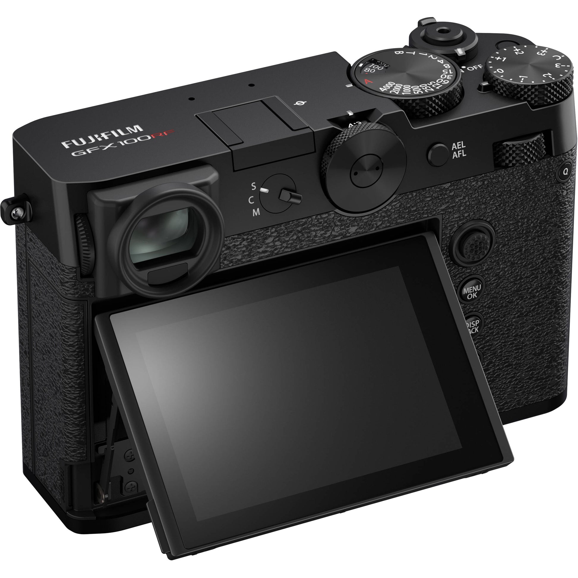 Black Fujifilm GFX 100RF digital camera featuring a compact medium format 102MP sensor, fixed 35mm f/4 lens with leaf shutter and built-in 4-stop ND filter, 3.2-inch tilting touchscreen, AI autofocus with subject detection, 4K video recording, and weather-sealed aluminum body.