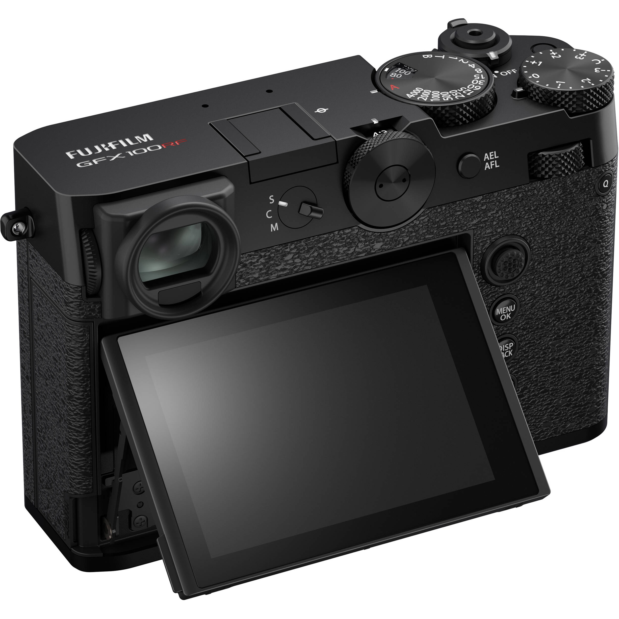 Black Fujifilm GFX 100RF digital camera featuring a compact medium format 102MP sensor, fixed 35mm f/4 lens with leaf shutter and built-in 4-stop ND filter, 3.2-inch tilting touchscreen, AI autofocus with subject detection, 4K video recording, and weather-sealed aluminum body.