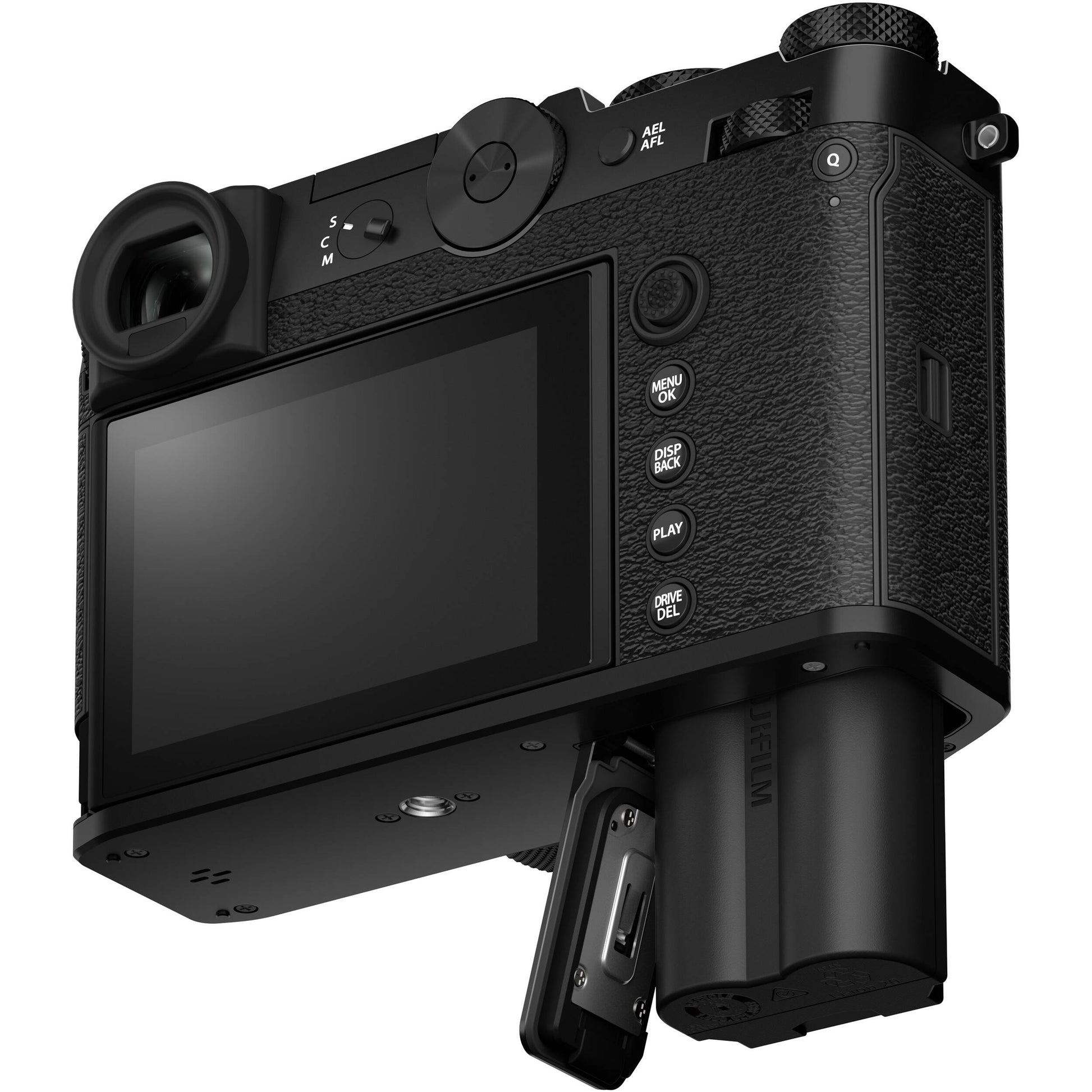 Black Fujifilm GFX 100RF digital camera featuring a compact medium format 102MP sensor, fixed 35mm f/4 lens with leaf shutter and built-in 4-stop ND filter, 3.2-inch tilting touchscreen, AI autofocus with subject detection, 4K video recording, and weather-sealed aluminum body.