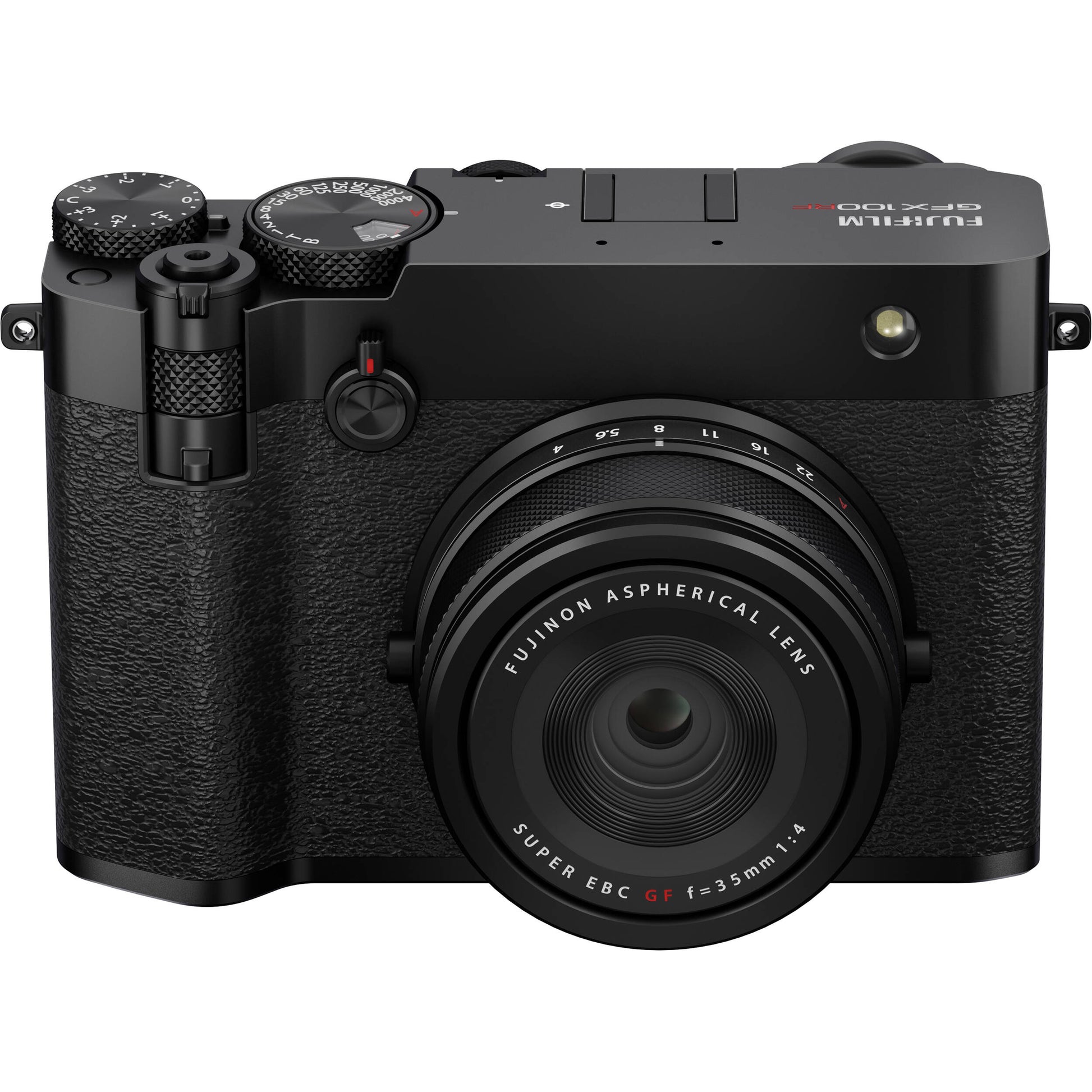 Black Fujifilm GFX 100RF digital camera featuring a compact medium format 102MP sensor, fixed 35mm f/4 lens with leaf shutter and built-in 4-stop ND filter, 3.2-inch tilting touchscreen, AI autofocus with subject detection, 4K video recording, and weather-sealed aluminum body.