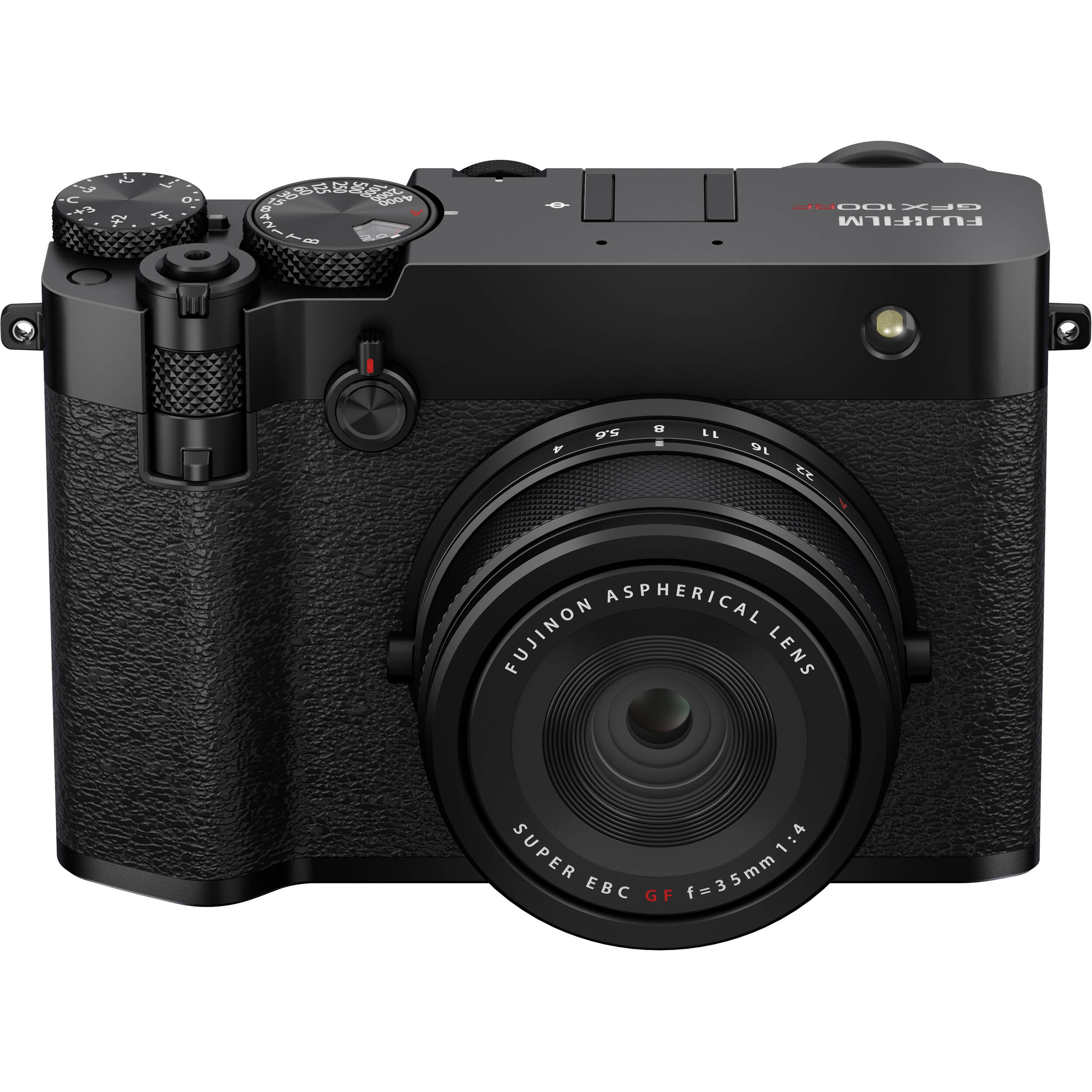 Black Fujifilm GFX 100RF digital camera featuring a compact medium format 102MP sensor, fixed 35mm f/4 lens with leaf shutter and built-in 4-stop ND filter, 3.2-inch tilting touchscreen, AI autofocus with subject detection, 4K video recording, and weather-sealed aluminum body.