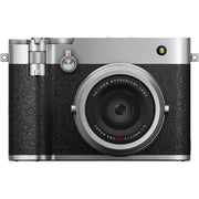 Silver Fujifilm GFX 100RF medium format digital camera with a 102MP CMOS II sensor, fixed 35mm f/4 lens with 4-stop ND filter, 3.15-inch tilting touchscreen, OLED EVF, advanced autofocus, multiple aspect ratio dial, 4K video, and lightweight aluminum body.