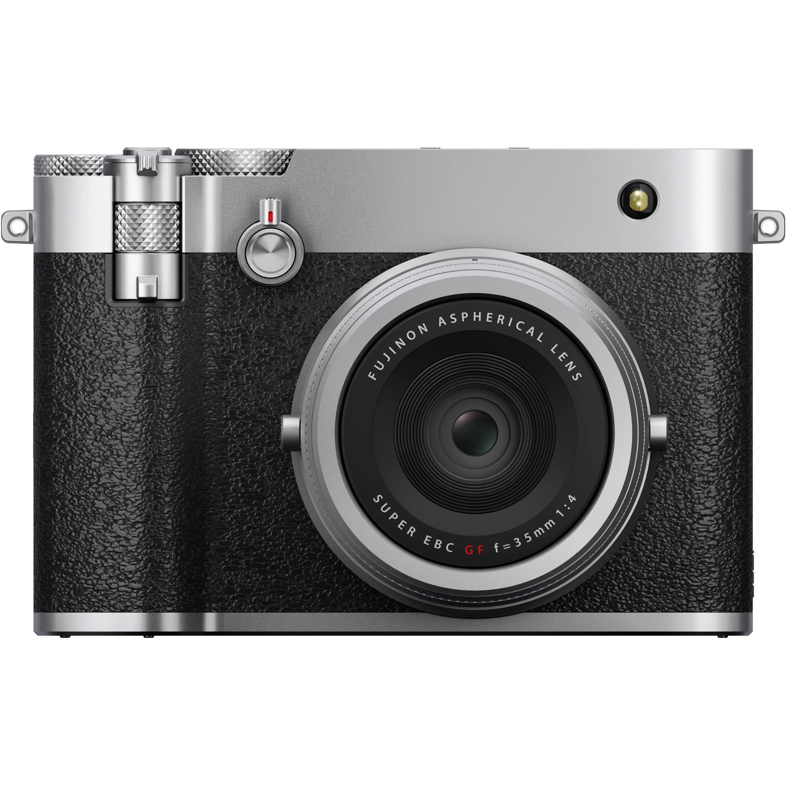 Silver Fujifilm GFX 100RF medium format digital camera with a 102MP CMOS II sensor, fixed 35mm f/4 lens with 4-stop ND filter, 3.15-inch tilting touchscreen, OLED EVF, advanced autofocus, multiple aspect ratio dial, 4K video, and lightweight aluminum body.