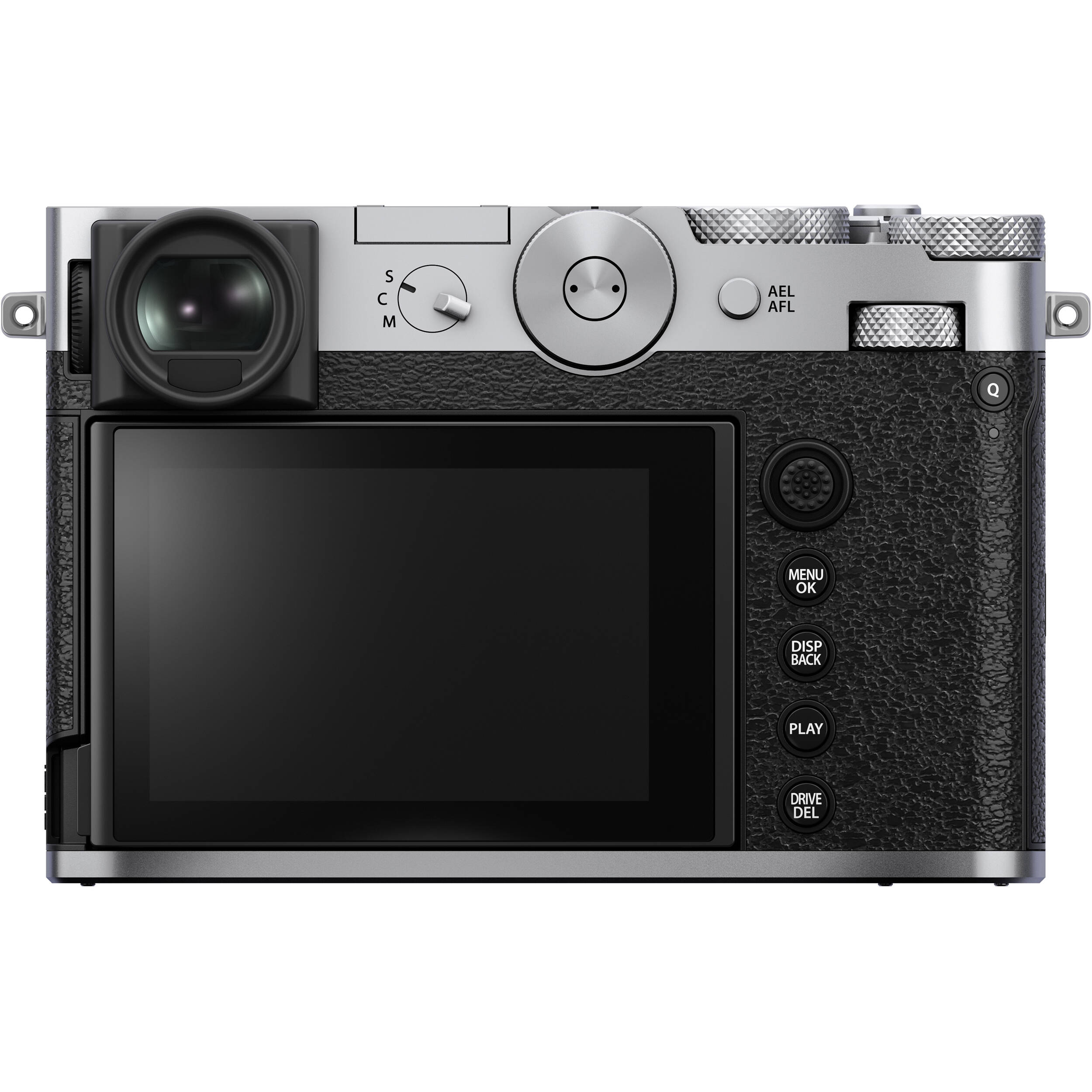 Silver Fujifilm GFX 100RF medium format digital camera with a 102MP CMOS II sensor, fixed 35mm f/4 lens with 4-stop ND filter, 3.15-inch tilting touchscreen, OLED EVF, advanced autofocus, multiple aspect ratio dial, 4K video, and lightweight aluminum body.