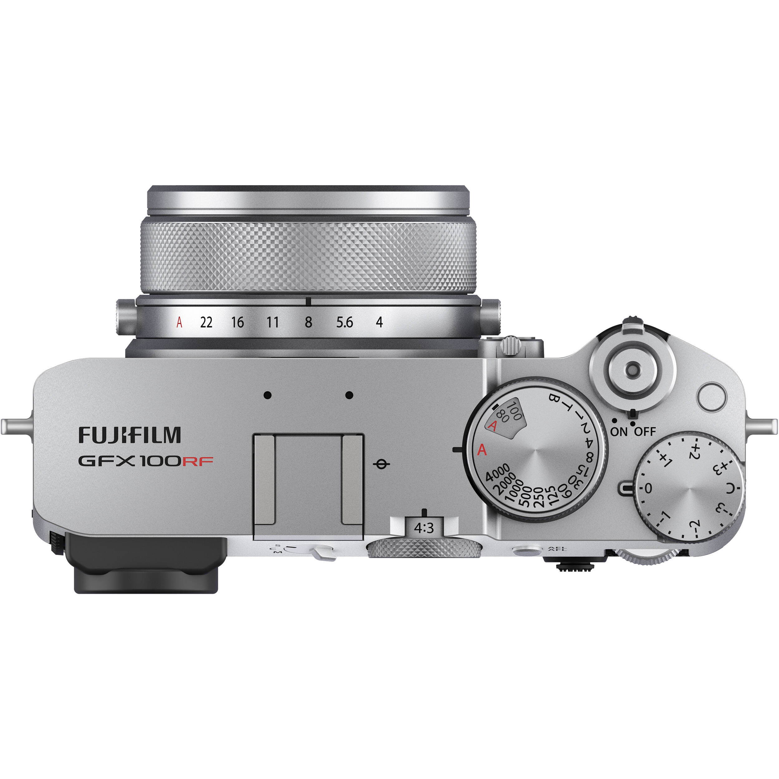 Silver Fujifilm GFX 100RF medium format digital camera with a 102MP CMOS II sensor, fixed 35mm f/4 lens with 4-stop ND filter, 3.15-inch tilting touchscreen, OLED EVF, advanced autofocus, multiple aspect ratio dial, 4K video, and lightweight aluminum body.
