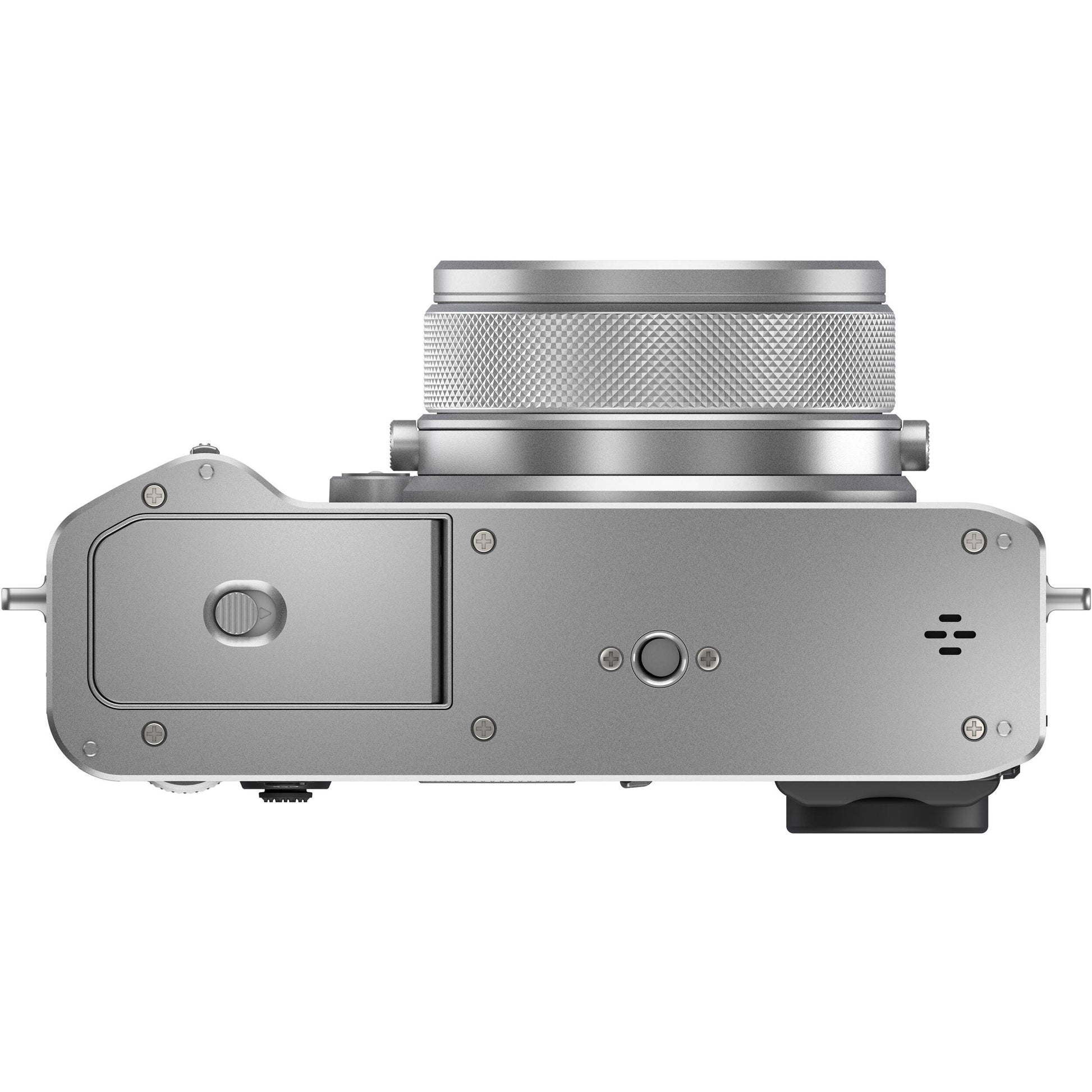 Silver Fujifilm GFX 100RF medium format digital camera with a 102MP CMOS II sensor, fixed 35mm f/4 lens with 4-stop ND filter, 3.15-inch tilting touchscreen, OLED EVF, advanced autofocus, multiple aspect ratio dial, 4K video, and lightweight aluminum body.