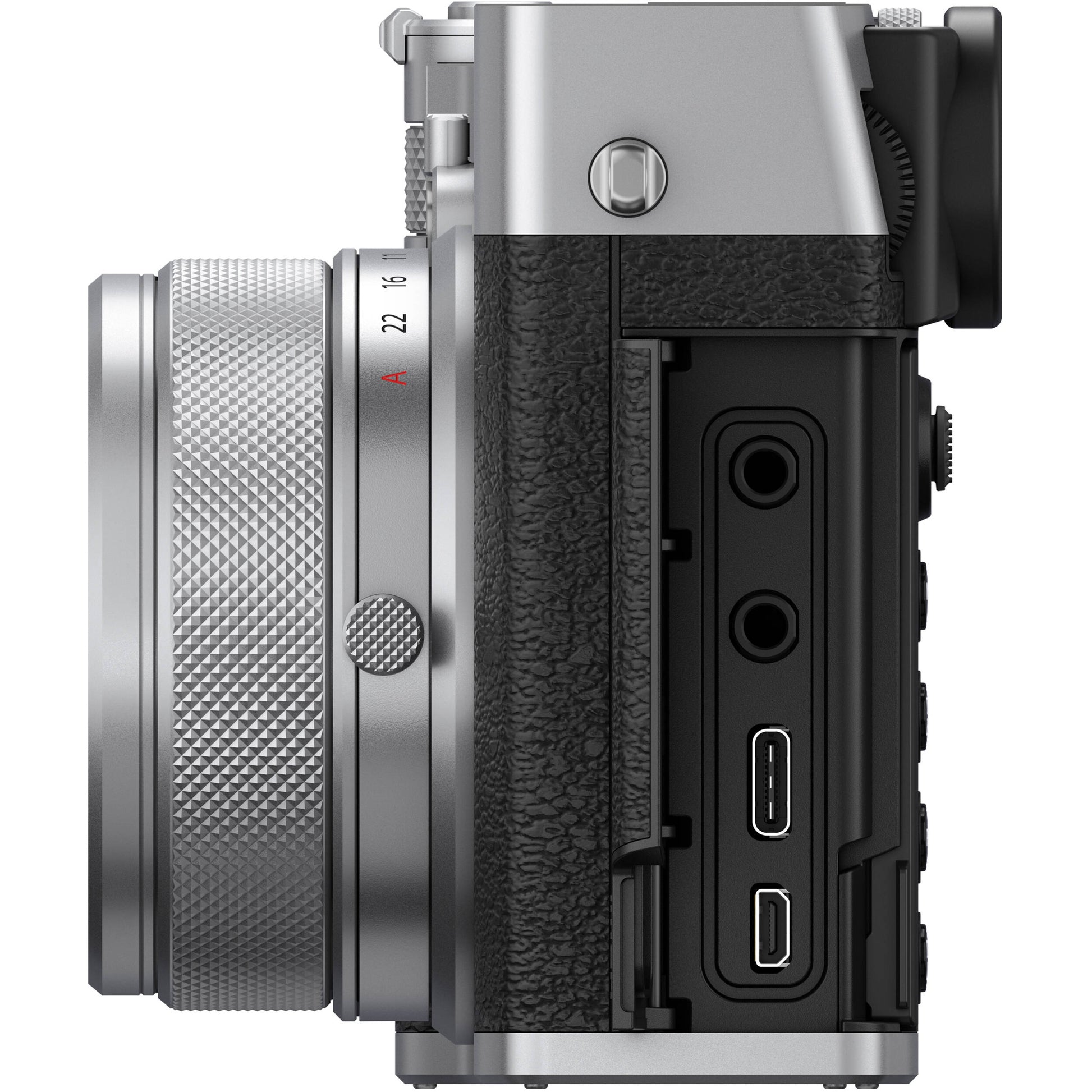 Silver Fujifilm GFX 100RF medium format digital camera with a 102MP CMOS II sensor, fixed 35mm f/4 lens with 4-stop ND filter, 3.15-inch tilting touchscreen, OLED EVF, advanced autofocus, multiple aspect ratio dial, 4K video, and lightweight aluminum body.