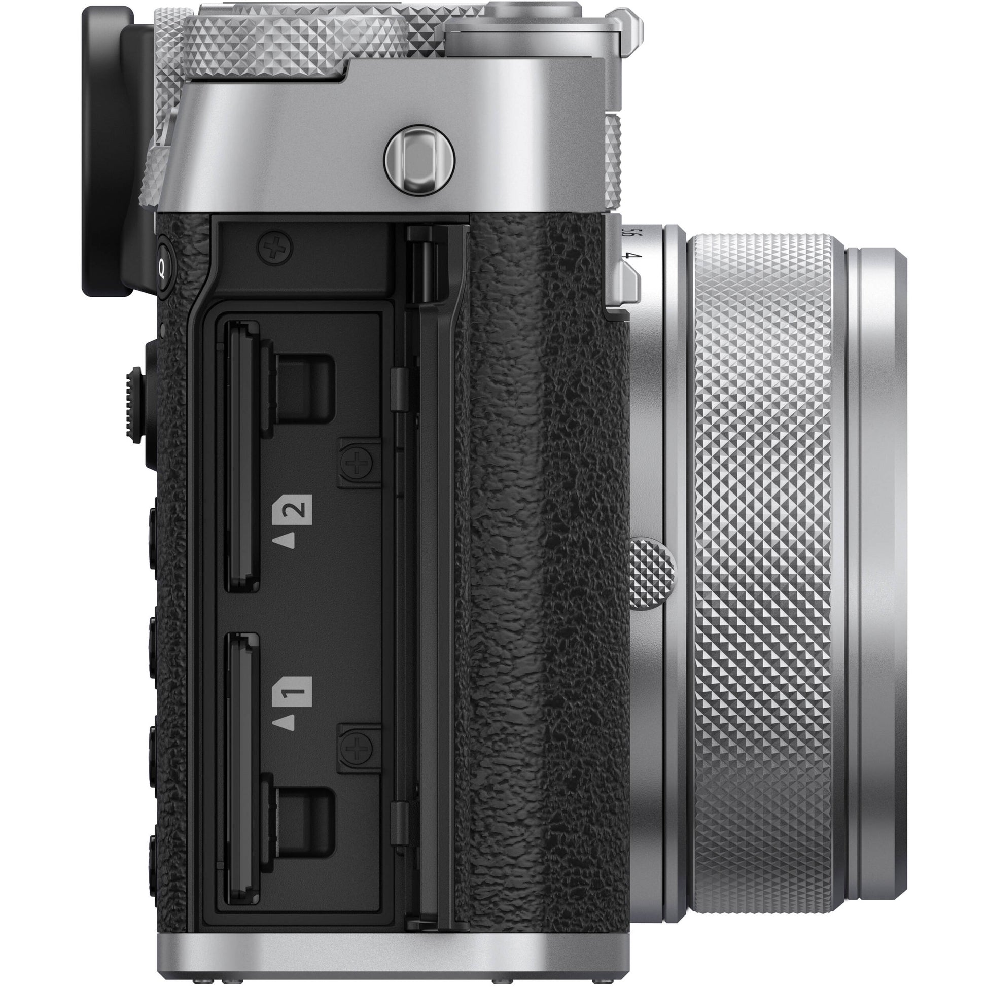 Silver Fujifilm GFX 100RF medium format digital camera with a 102MP CMOS II sensor, fixed 35mm f/4 lens with 4-stop ND filter, 3.15-inch tilting touchscreen, OLED EVF, advanced autofocus, multiple aspect ratio dial, 4K video, and lightweight aluminum body.