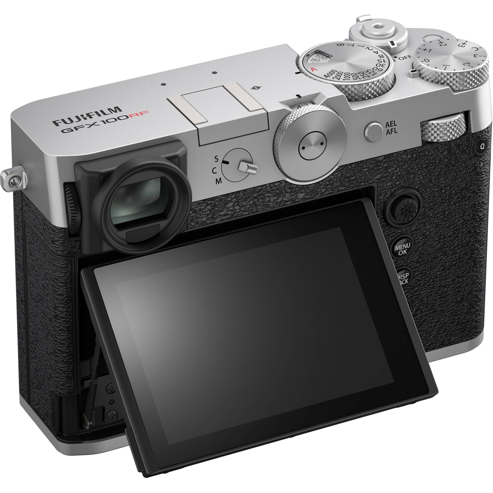 Silver Fujifilm GFX 100RF medium format digital camera with a 102MP CMOS II sensor, fixed 35mm f/4 lens with 4-stop ND filter, 3.15-inch tilting touchscreen, OLED EVF, advanced autofocus, multiple aspect ratio dial, 4K video, and lightweight aluminum body.