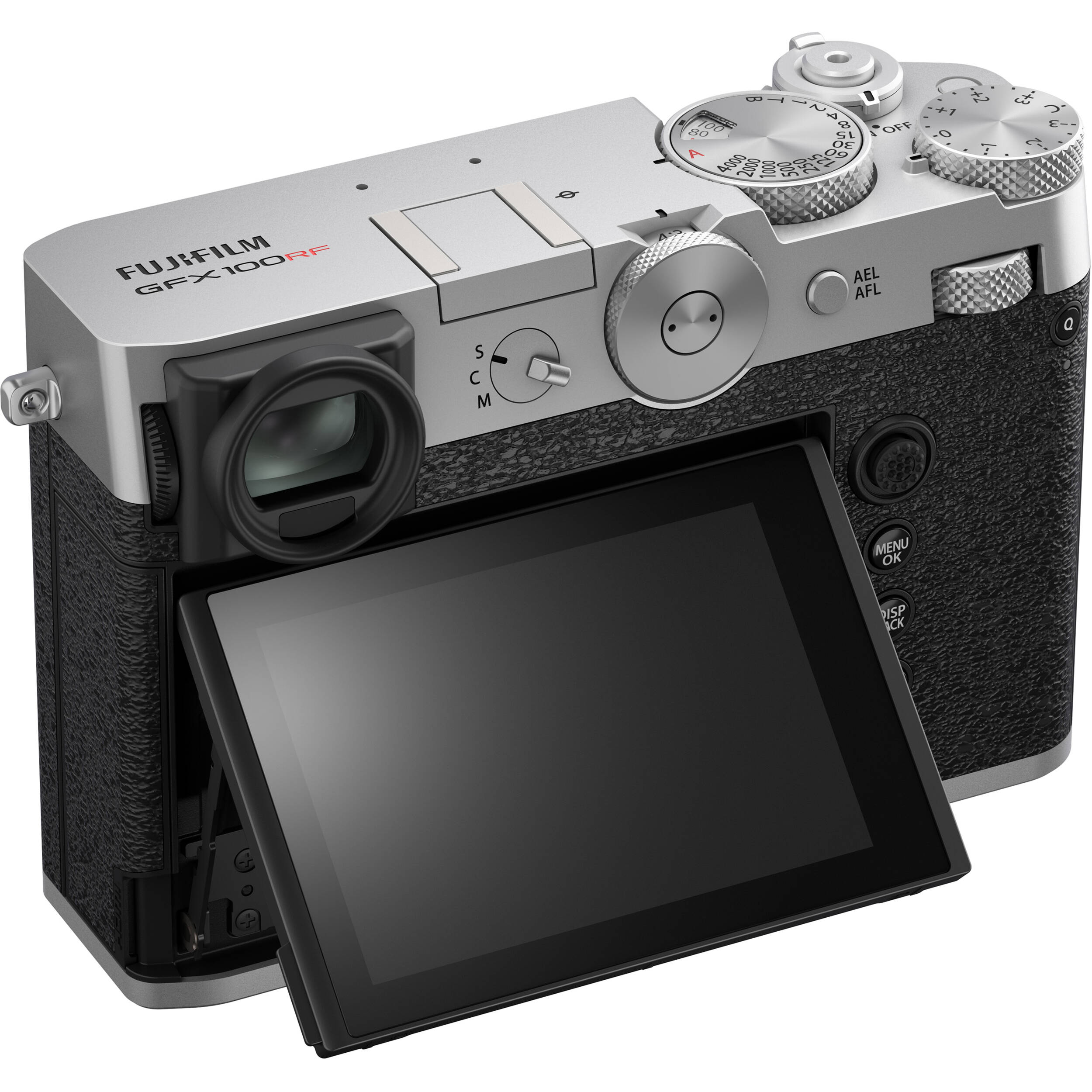 Silver Fujifilm GFX 100RF medium format digital camera with a 102MP CMOS II sensor, fixed 35mm f/4 lens with 4-stop ND filter, 3.15-inch tilting touchscreen, OLED EVF, advanced autofocus, multiple aspect ratio dial, 4K video, and lightweight aluminum body.