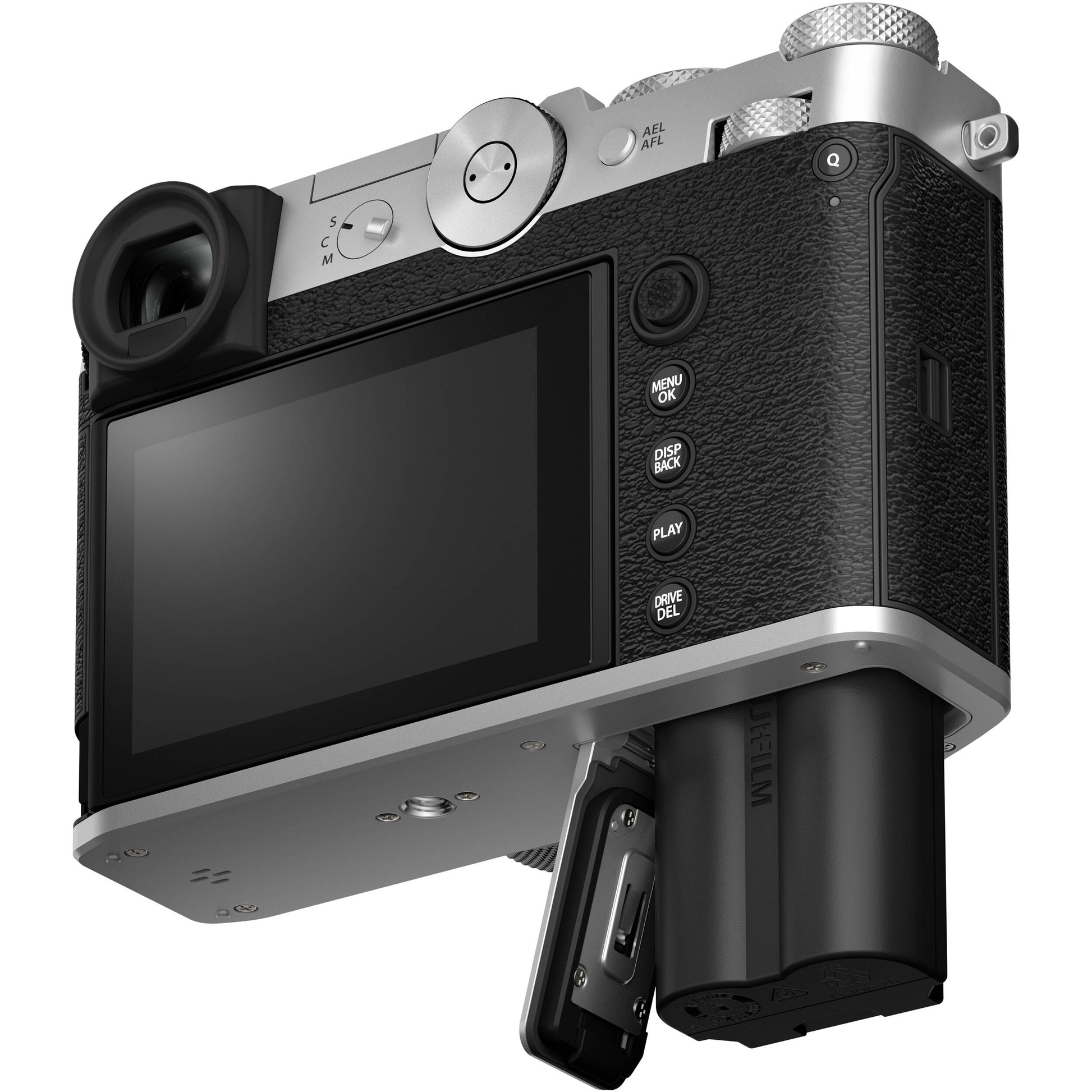 Silver Fujifilm GFX 100RF medium format digital camera with a 102MP CMOS II sensor, fixed 35mm f/4 lens with 4-stop ND filter, 3.15-inch tilting touchscreen, OLED EVF, advanced autofocus, multiple aspect ratio dial, 4K video, and lightweight aluminum body.