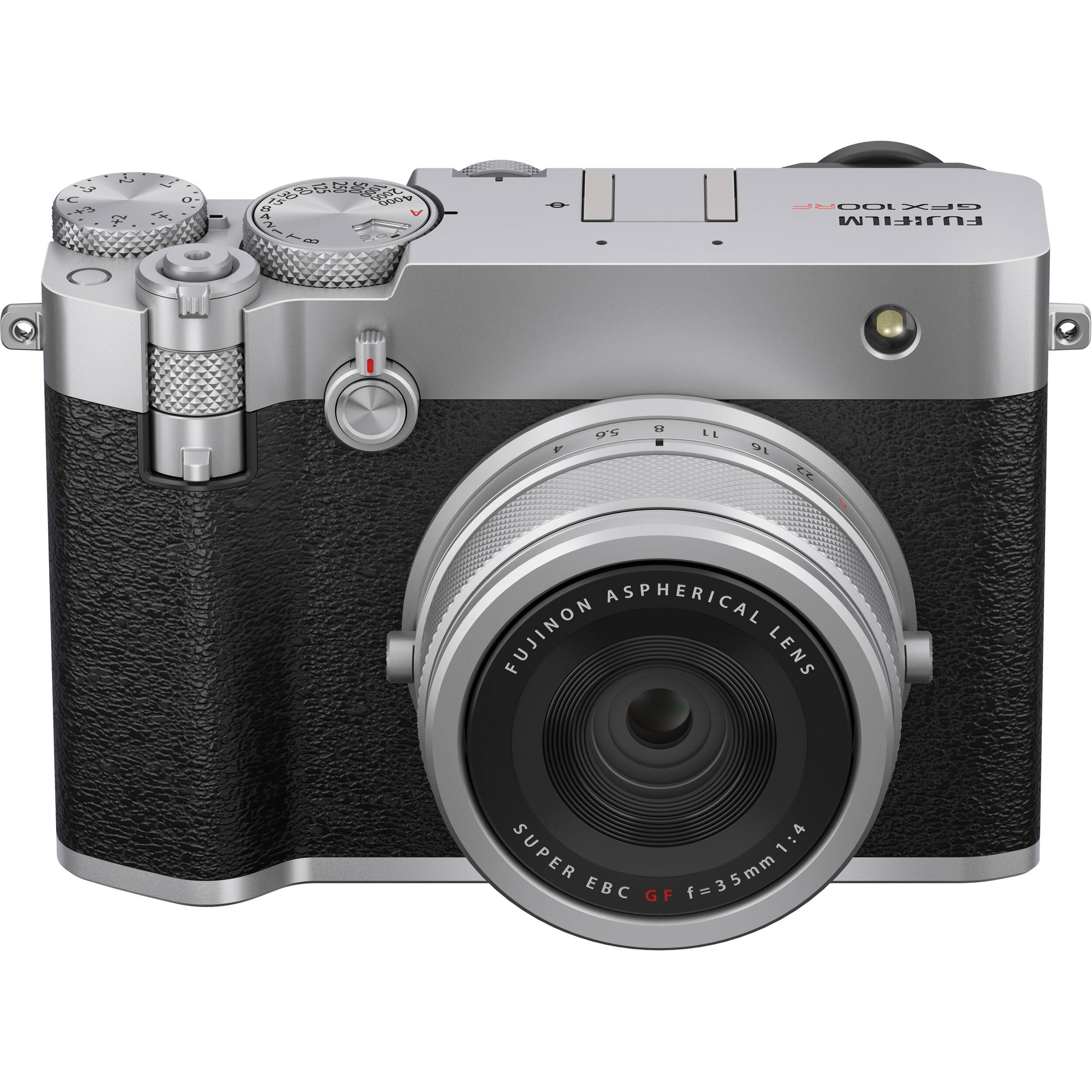 Silver Fujifilm GFX 100RF medium format digital camera with a 102MP CMOS II sensor, fixed 35mm f/4 lens with 4-stop ND filter, 3.15-inch tilting touchscreen, OLED EVF, advanced autofocus, multiple aspect ratio dial, 4K video, and lightweight aluminum body.