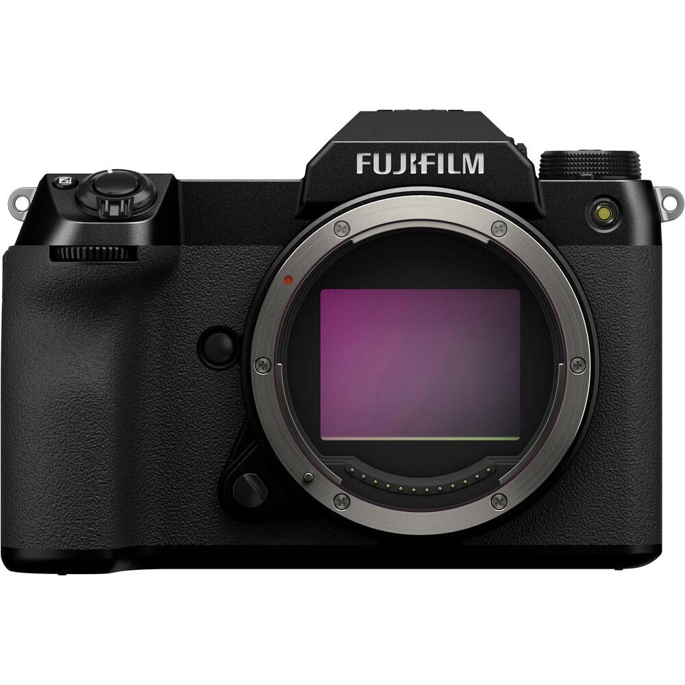 Black Fujifilm GFX 50S II medium format mirrorless digital camera body with 51.4 megapixels, weather-sealed design, 3.2-inch tilting touchscreen, and in-body image stabilization.