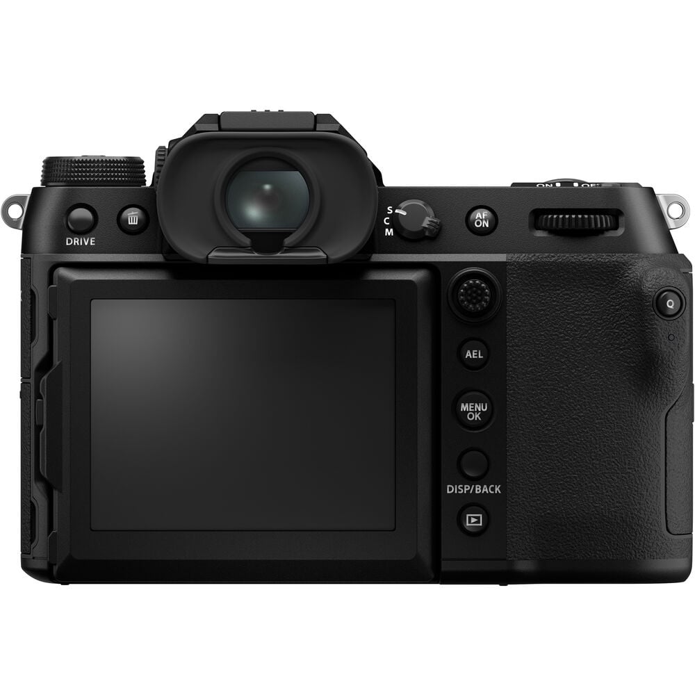 Black Fujifilm GFX 50S II medium format mirrorless digital camera body with 51.4 megapixels, weather-sealed design, 3.2-inch tilting touchscreen, and in-body image stabilization.