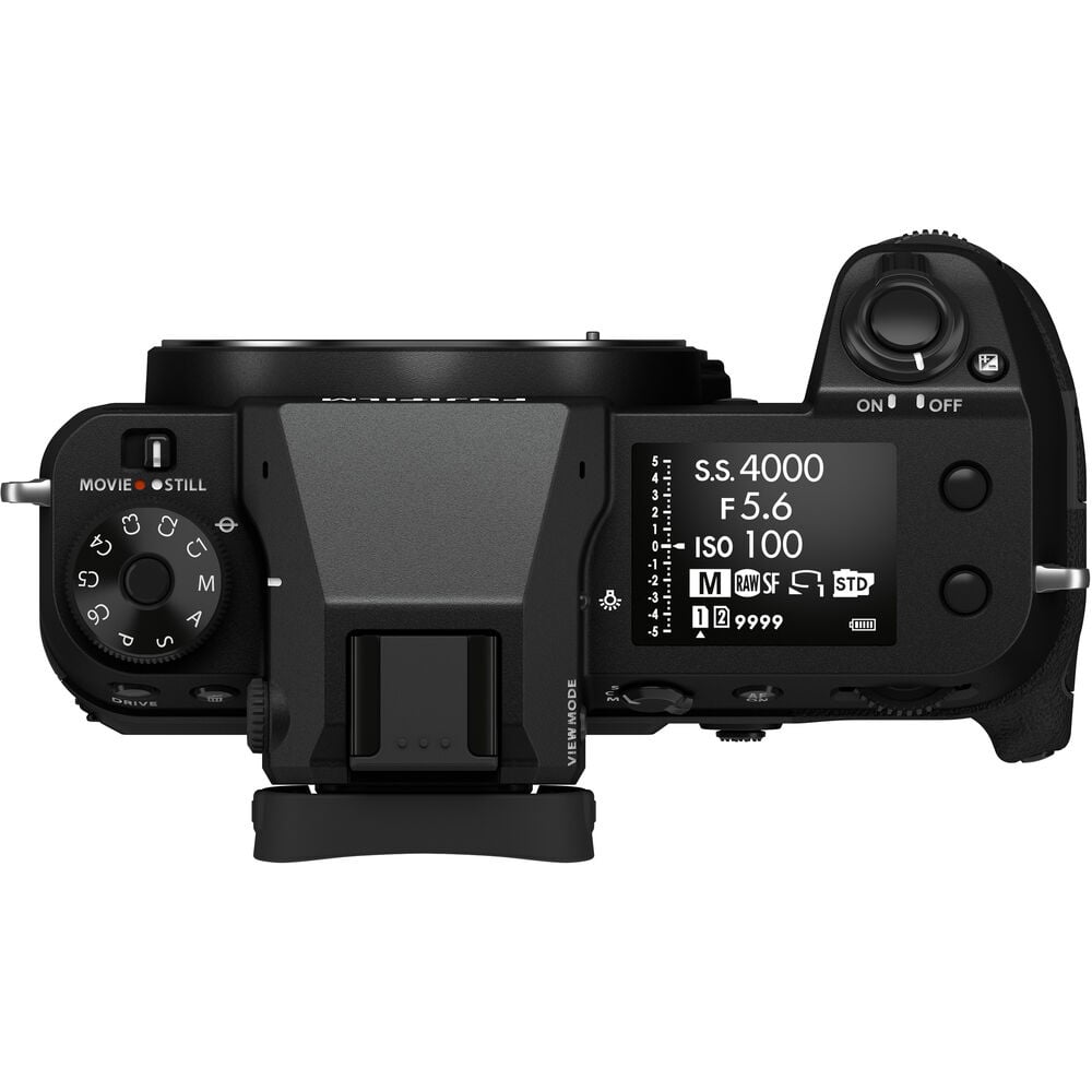 Black Fujifilm GFX 50S II medium format mirrorless digital camera body with 51.4 megapixels, weather-sealed design, 3.2-inch tilting touchscreen, and in-body image stabilization.