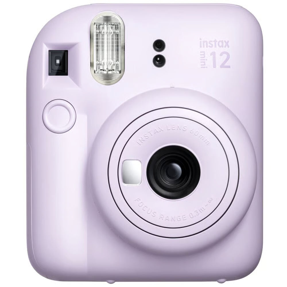 Lavender instant camera with 'instax' branding on a white background
