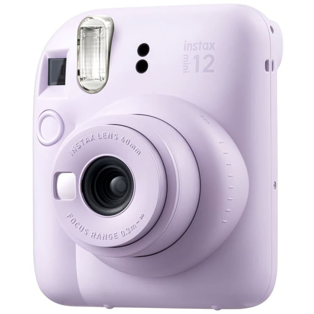 Purple instant camera with 'instax' branding on a white background