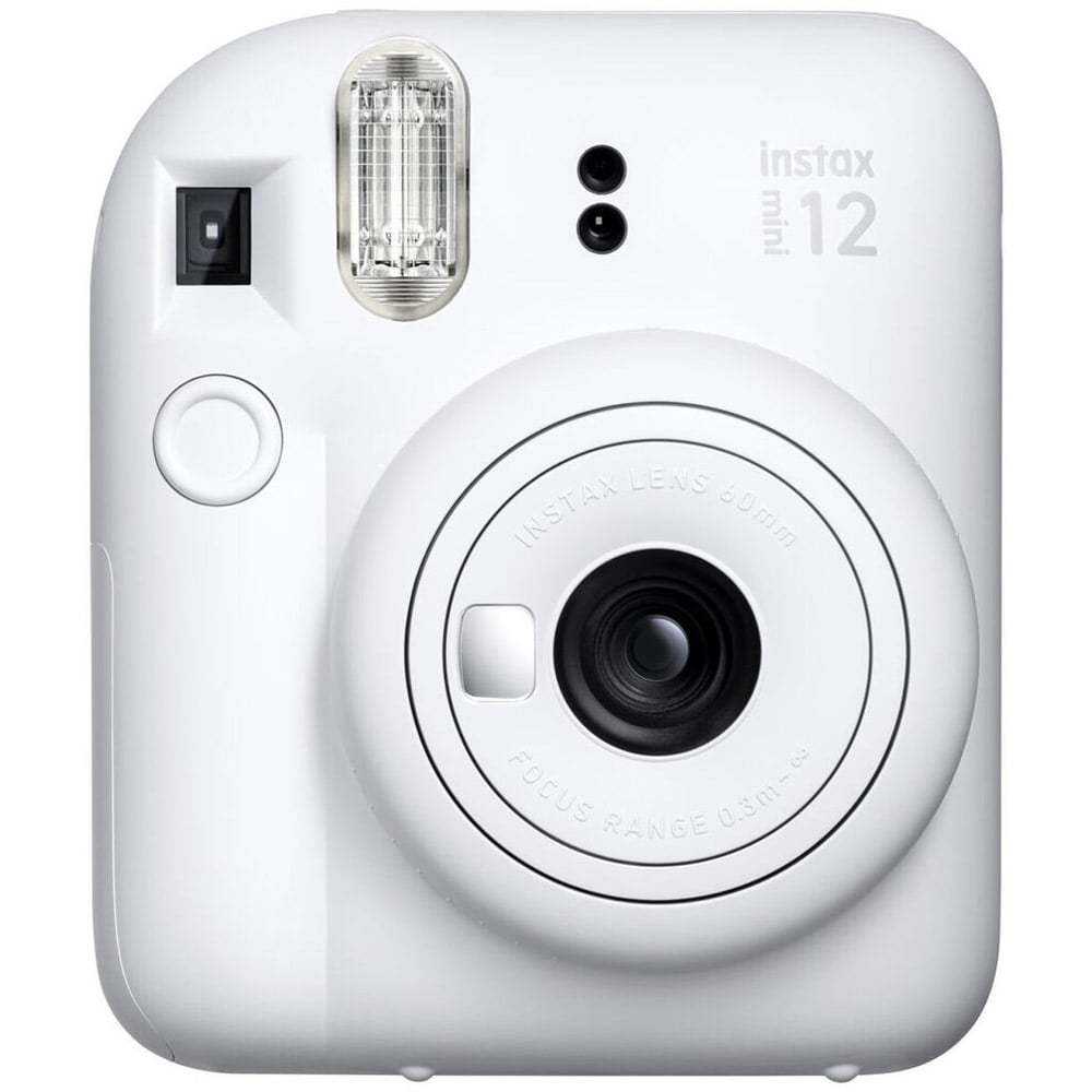 Instax Mini 12 instant camera with flash and selfie mirror.